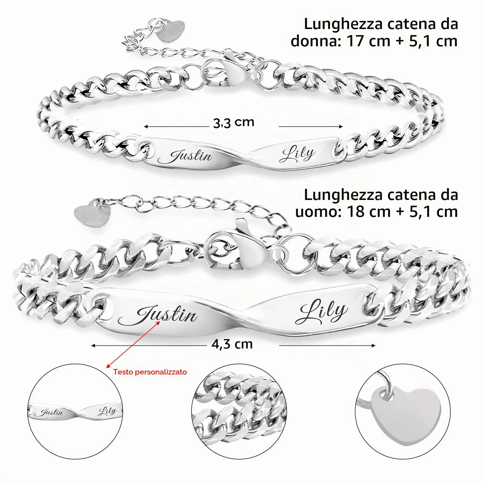 Malihome Set di bracciali a catena per coppie con simbolo dell'infinito personalizzabile, Silver - immagine 3