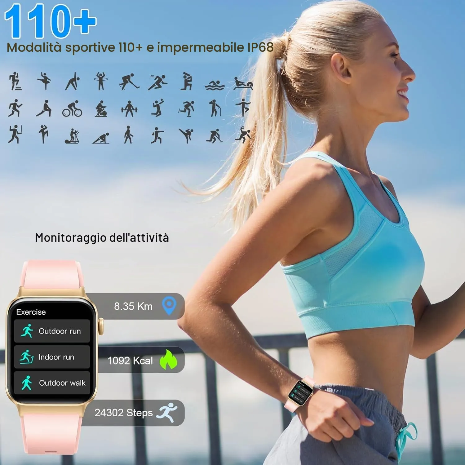 Matast Smartwatch Uomo Donna, Schermo 1.91", 110+ Modalità Sport, IP68 Impermeabile, SpO2, Monitor Sonno, Frequenza Cardiaca - immagine 6