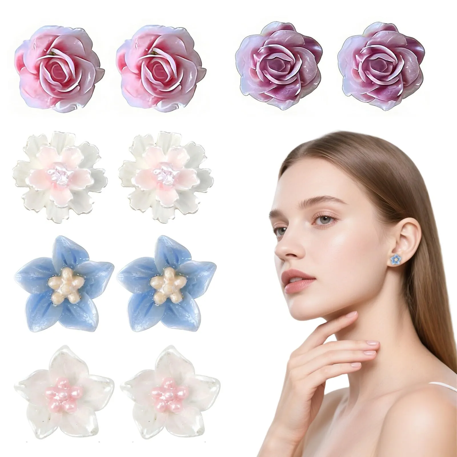 IBXWMNG 5 Paia di Orecchini Magnetici Donna Design Floreale in Resina senza Buco - immagine 1