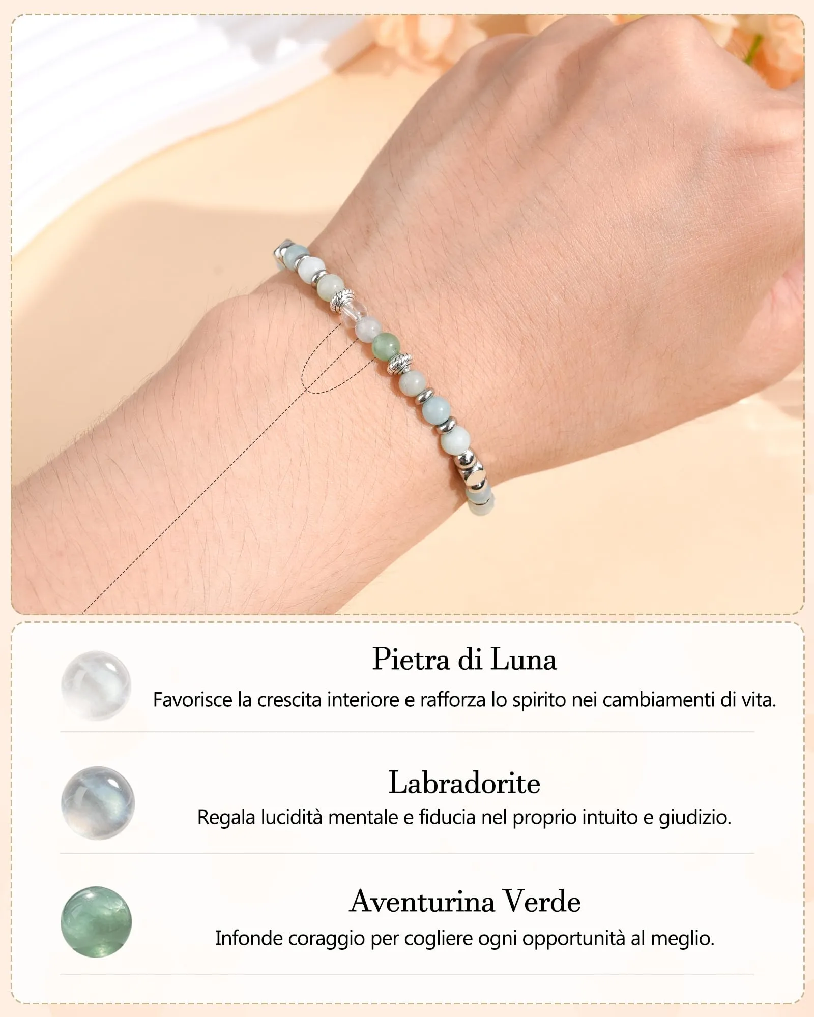 Cheerslife Bracciale Donna in Pietre Naturali (Pietra di Luna, Labradorite, Aventurina Verde, Amazonite) 16+5 cm - immagine 3
