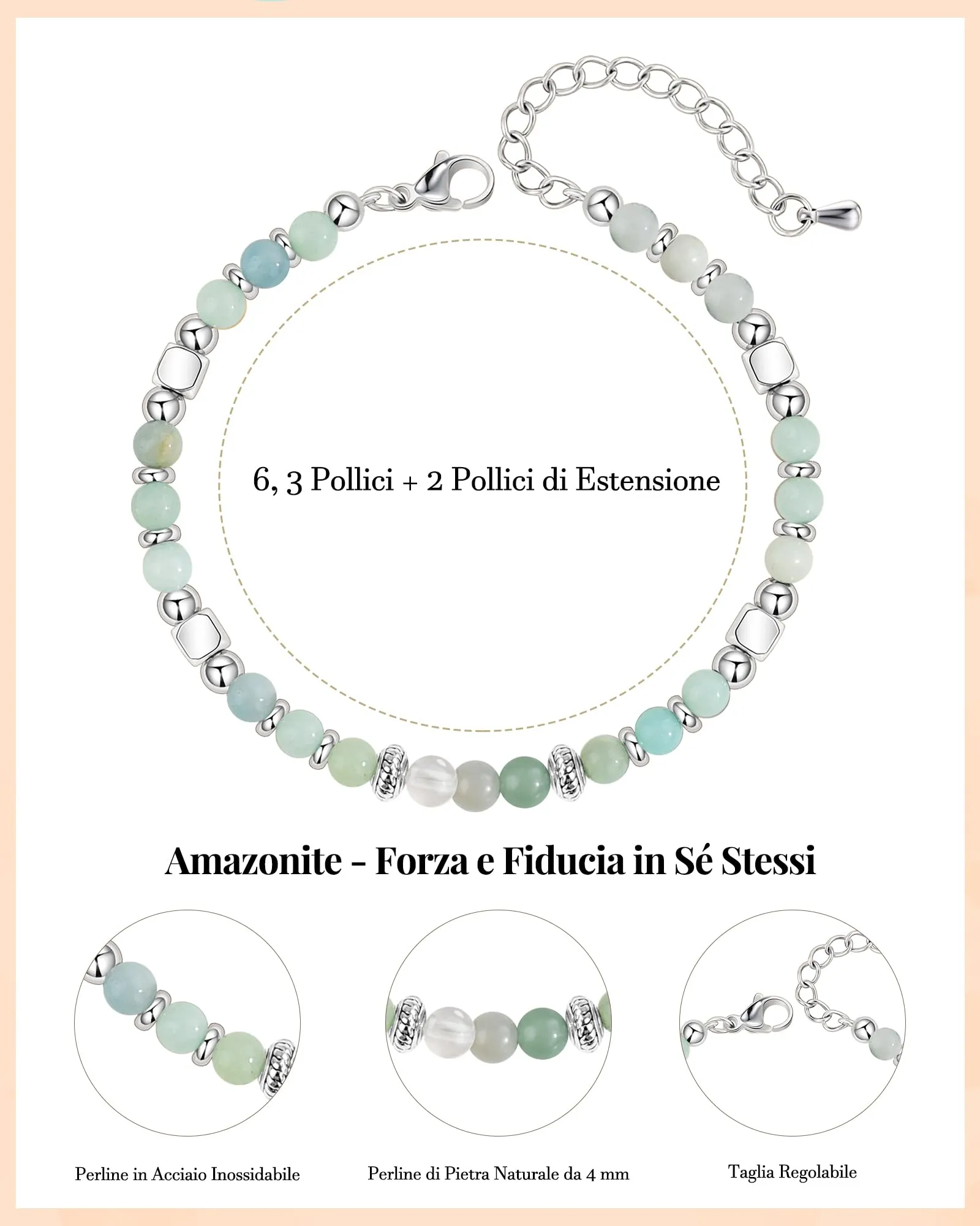 Cheerslife Bracciale Donna in Pietre Naturali (Pietra di Luna, Labradorite, Aventurina Verde, Amazonite) 16+5 cm - immagine 5