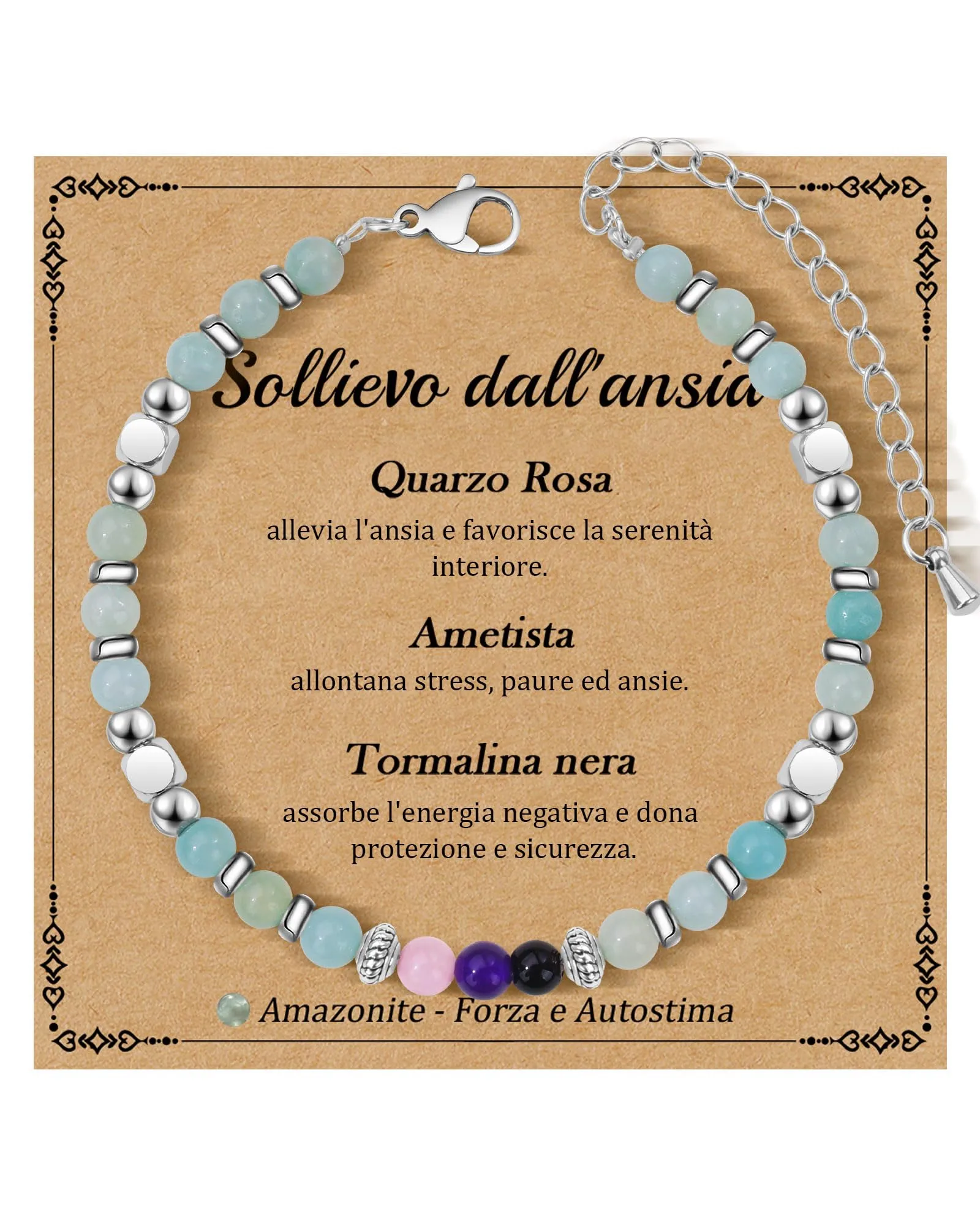 Cheerslife Bracciale Donna in Pietre Naturali (Quarzo Rosa, Ametista, Tormalina Nera, Amazonite) 16+5 cm - immagine 1