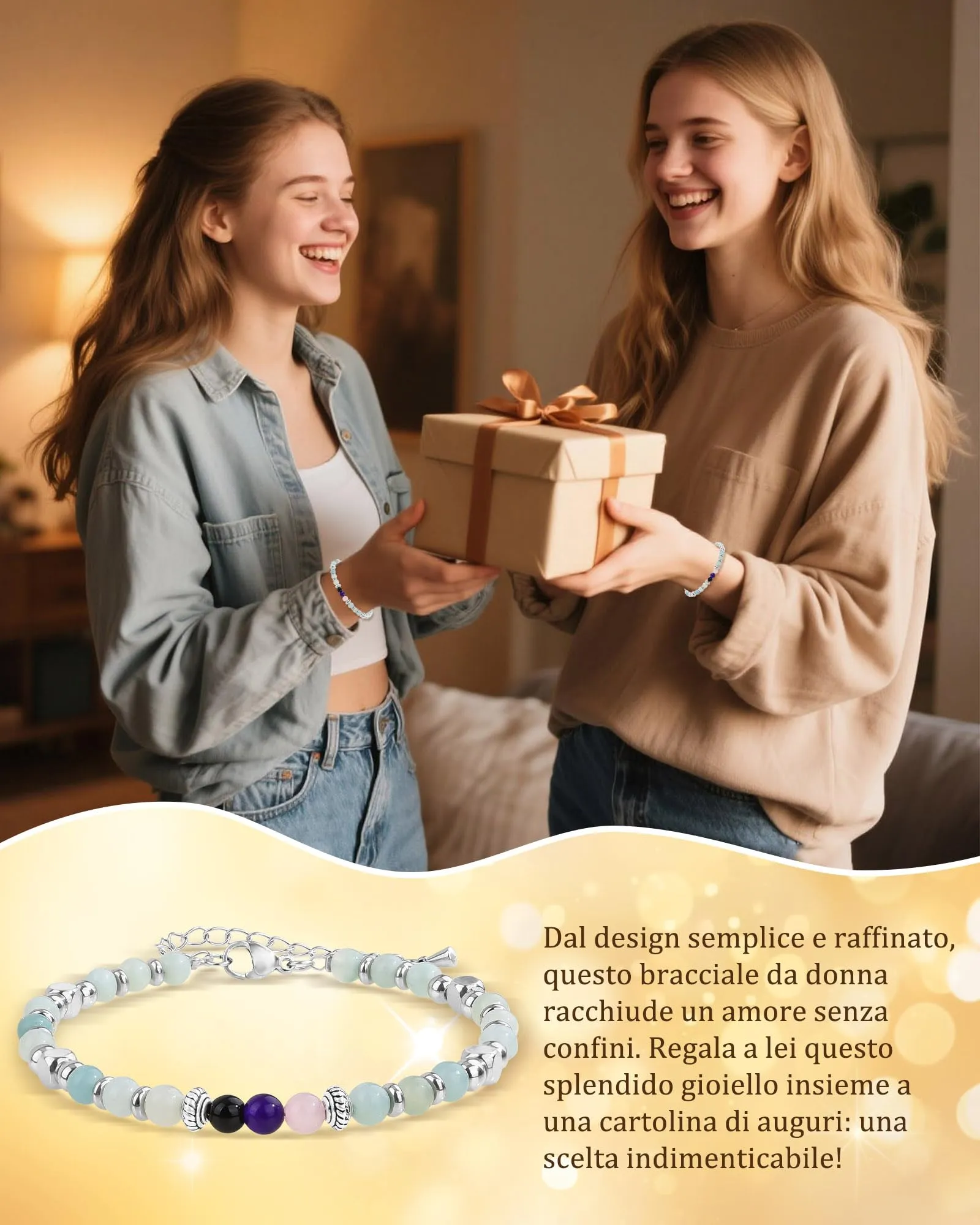 Cheerslife Bracciale Donna in Pietre Naturali (Quarzo Rosa, Ametista, Tormalina Nera, Amazonite) 16+5 cm - immagine 2