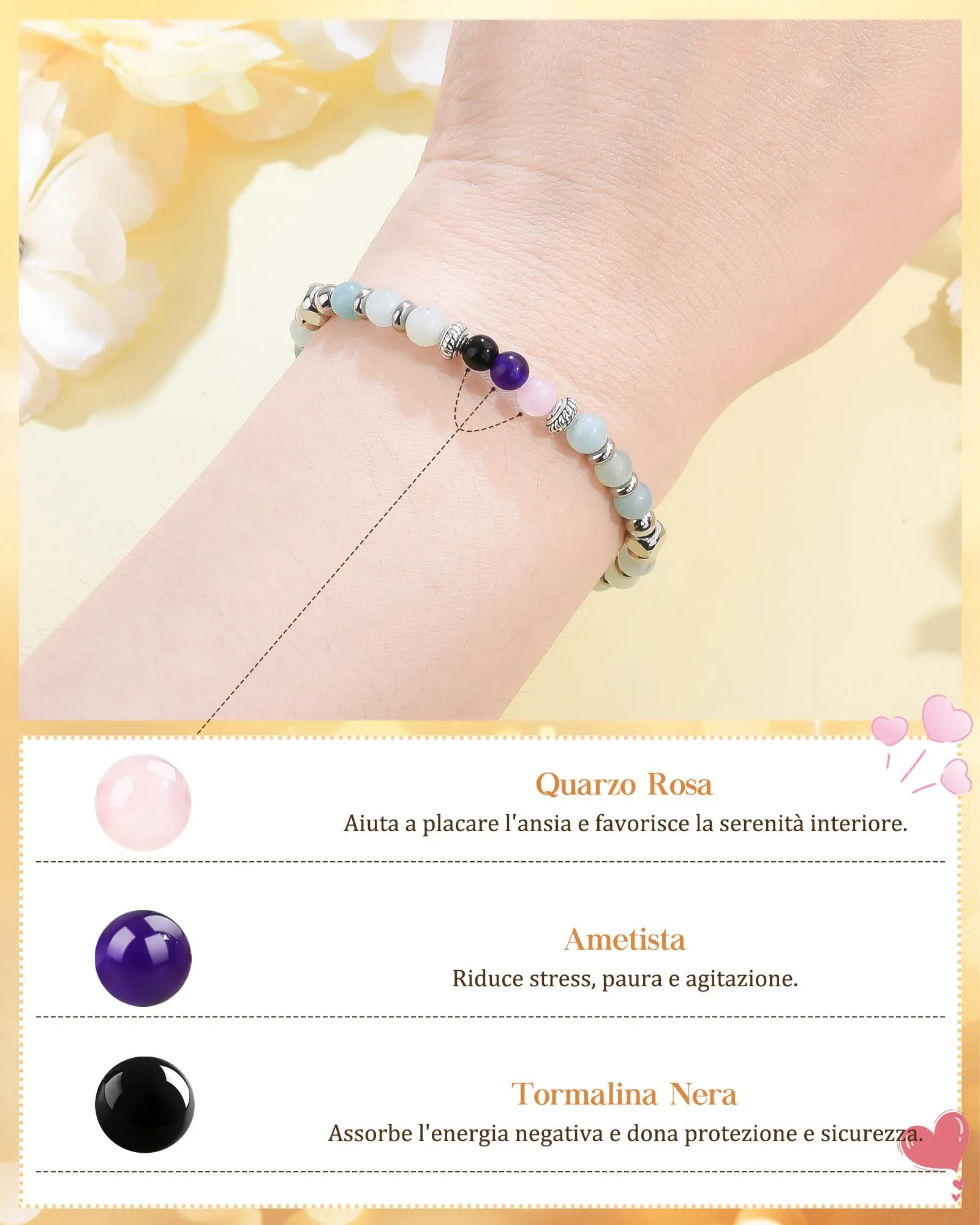 Cheerslife Bracciale Donna in Pietre Naturali (Quarzo Rosa, Ametista, Tormalina Nera, Amazonite) 16+5 cm - immagine 3