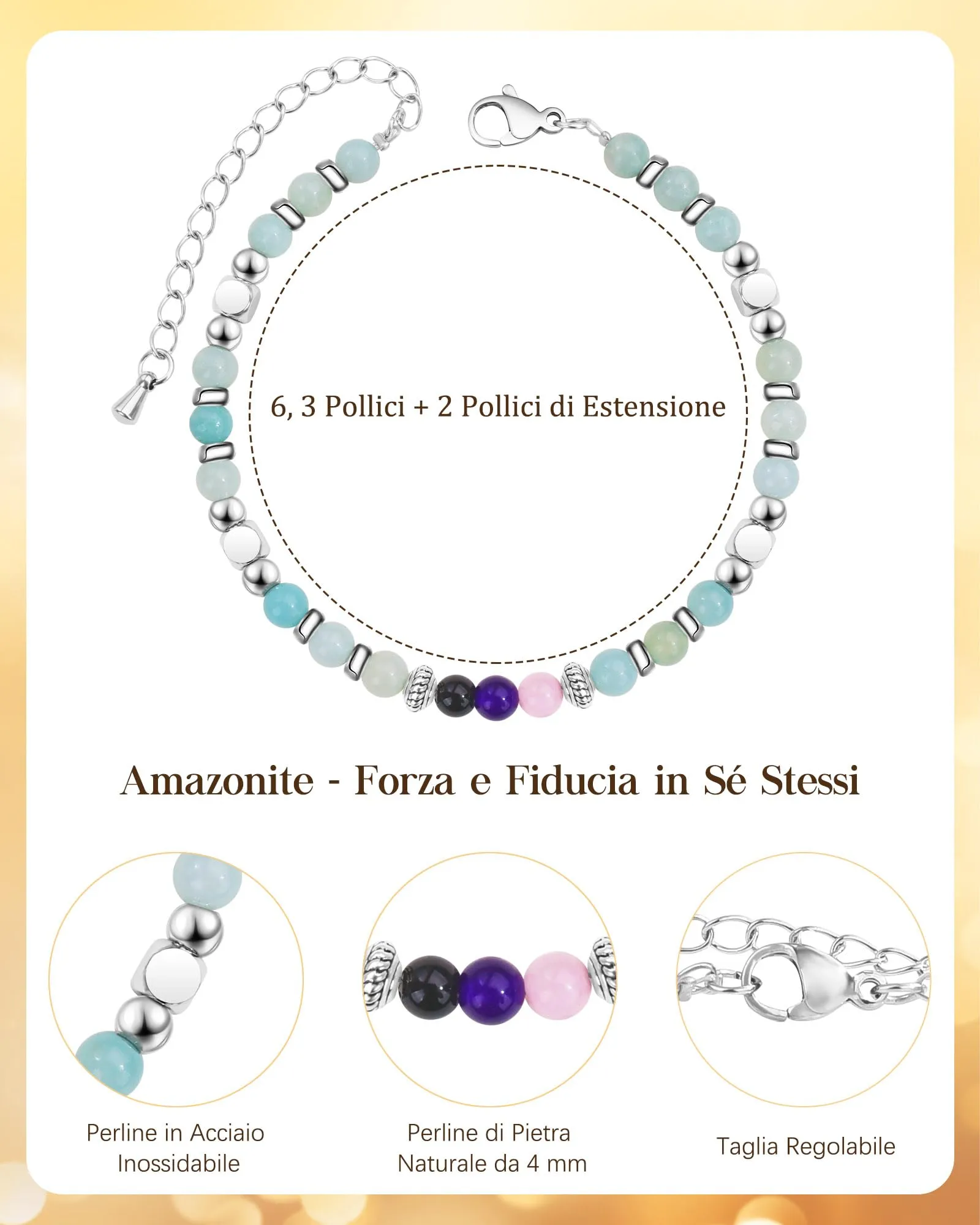 Cheerslife Bracciale Donna in Pietre Naturali (Quarzo Rosa, Ametista, Tormalina Nera, Amazonite) 16+5 cm - immagine 5