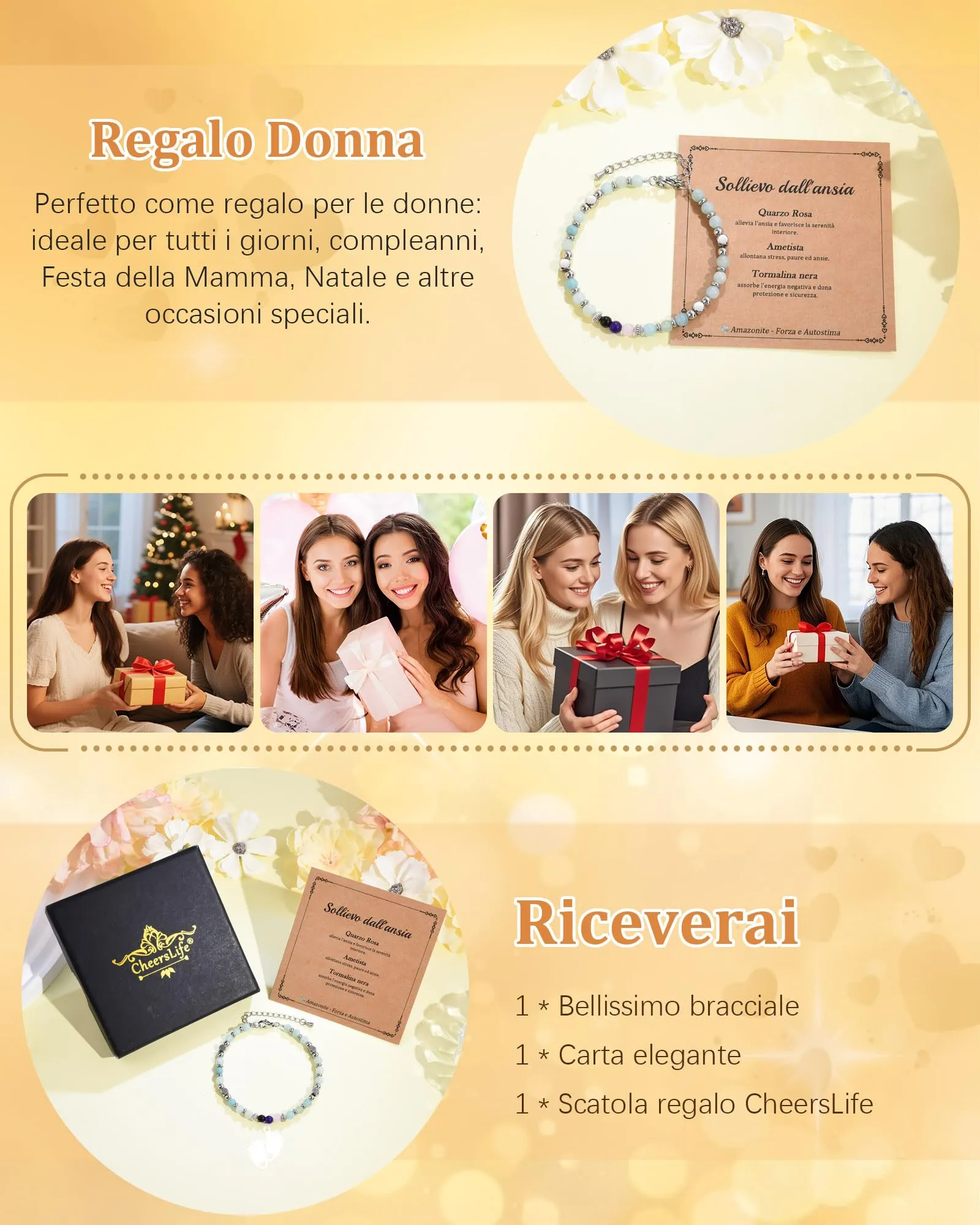 Cheerslife Bracciale Donna in Pietre Naturali (Quarzo Rosa, Ametista, Tormalina Nera, Amazonite) 16+5 cm - immagine 6
