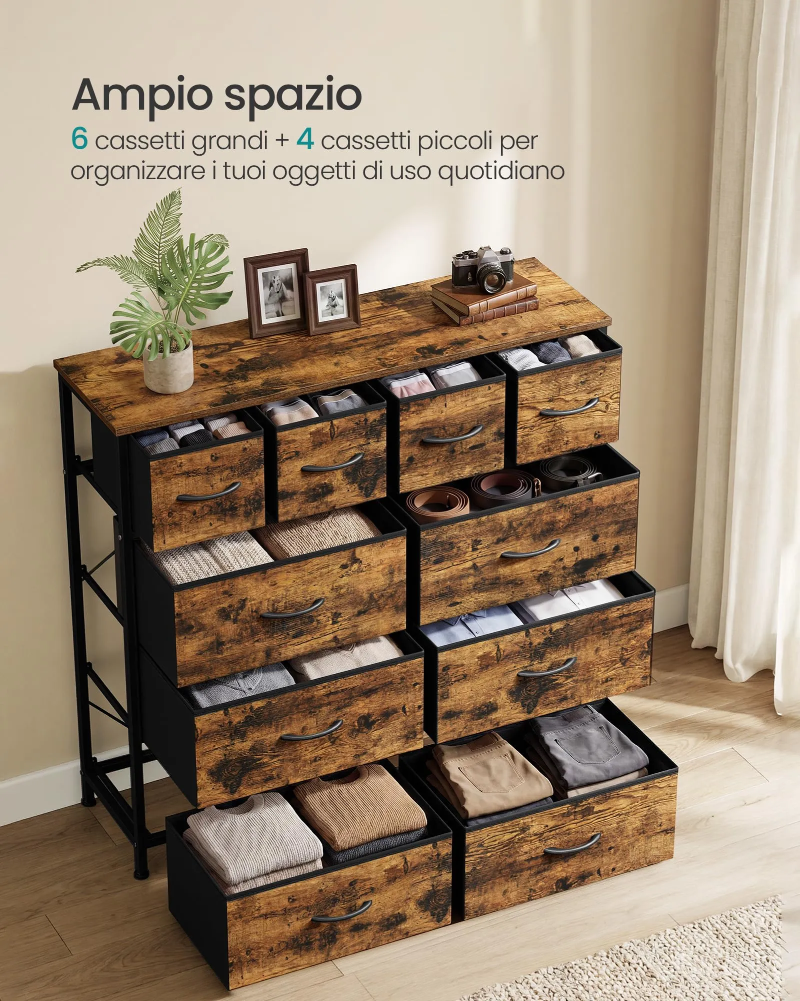 SONGMICS Cassettiera con 10 Cassetti in Tessuto, Struttura in Acciaio, Marrone Vintage, Collezione BELLAH LGS236K101 - immagine 4