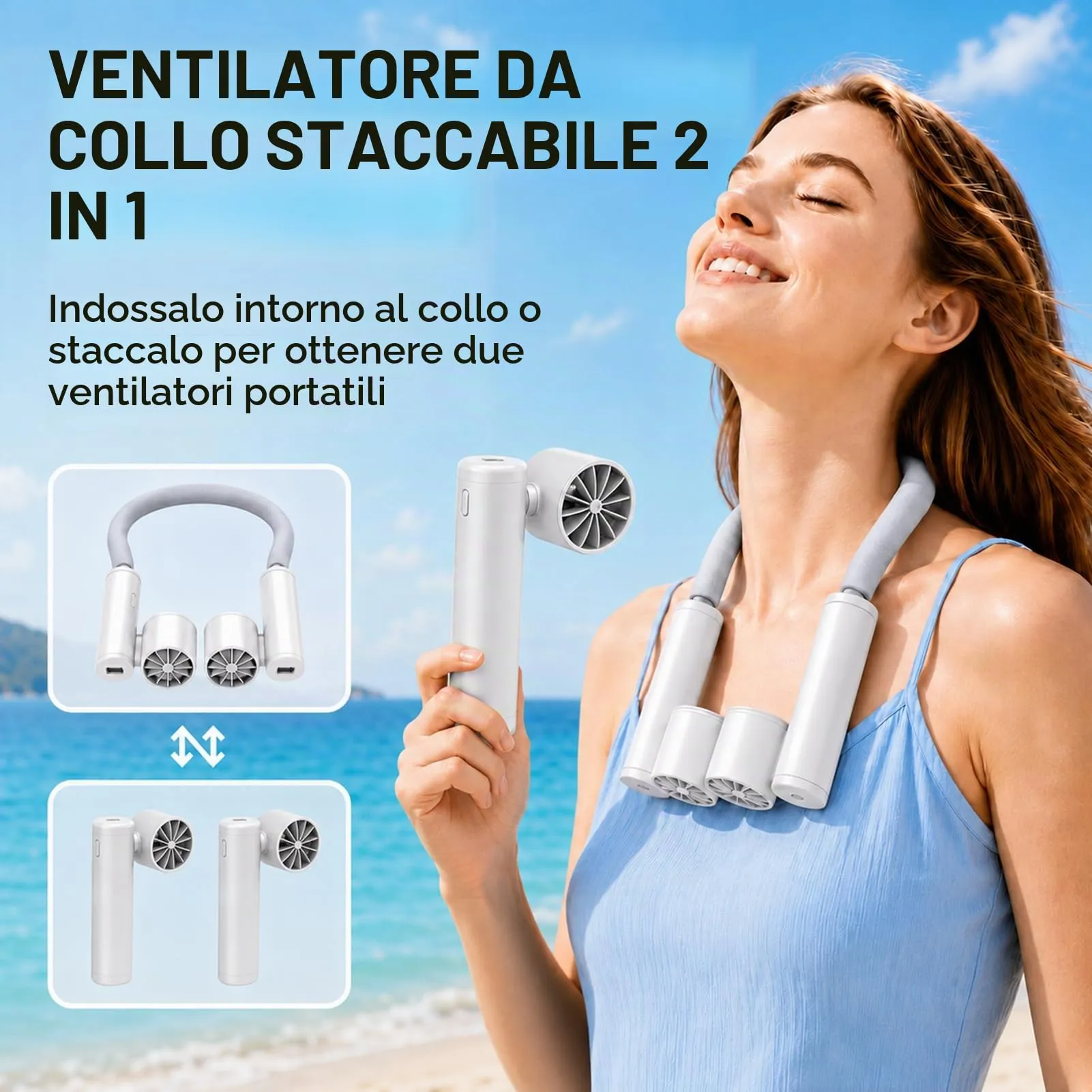 LUCYLANKER Ventilatore da Collo Portatile con Anello di Raffreddamento Congelabile, USB-C Ricaricabile, Staccabile in 2 Ventilatori, Modello F7 - immagine 2