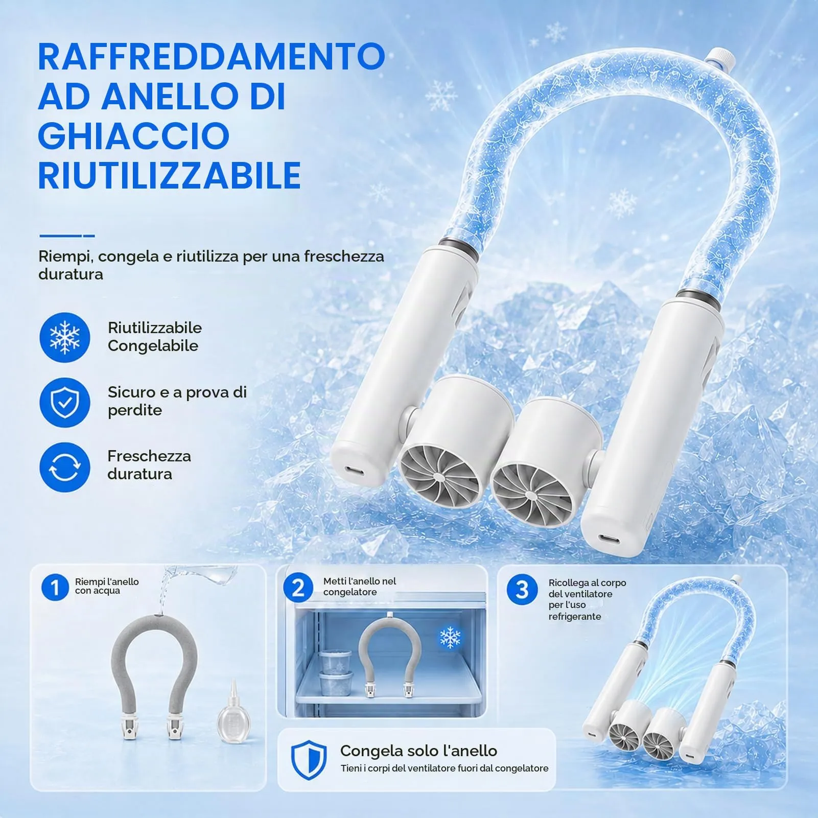 LUCYLANKER Ventilatore da Collo Portatile con Anello di Raffreddamento Congelabile, USB-C Ricaricabile, Staccabile in 2 Ventilatori, Modello F7 - immagine 6