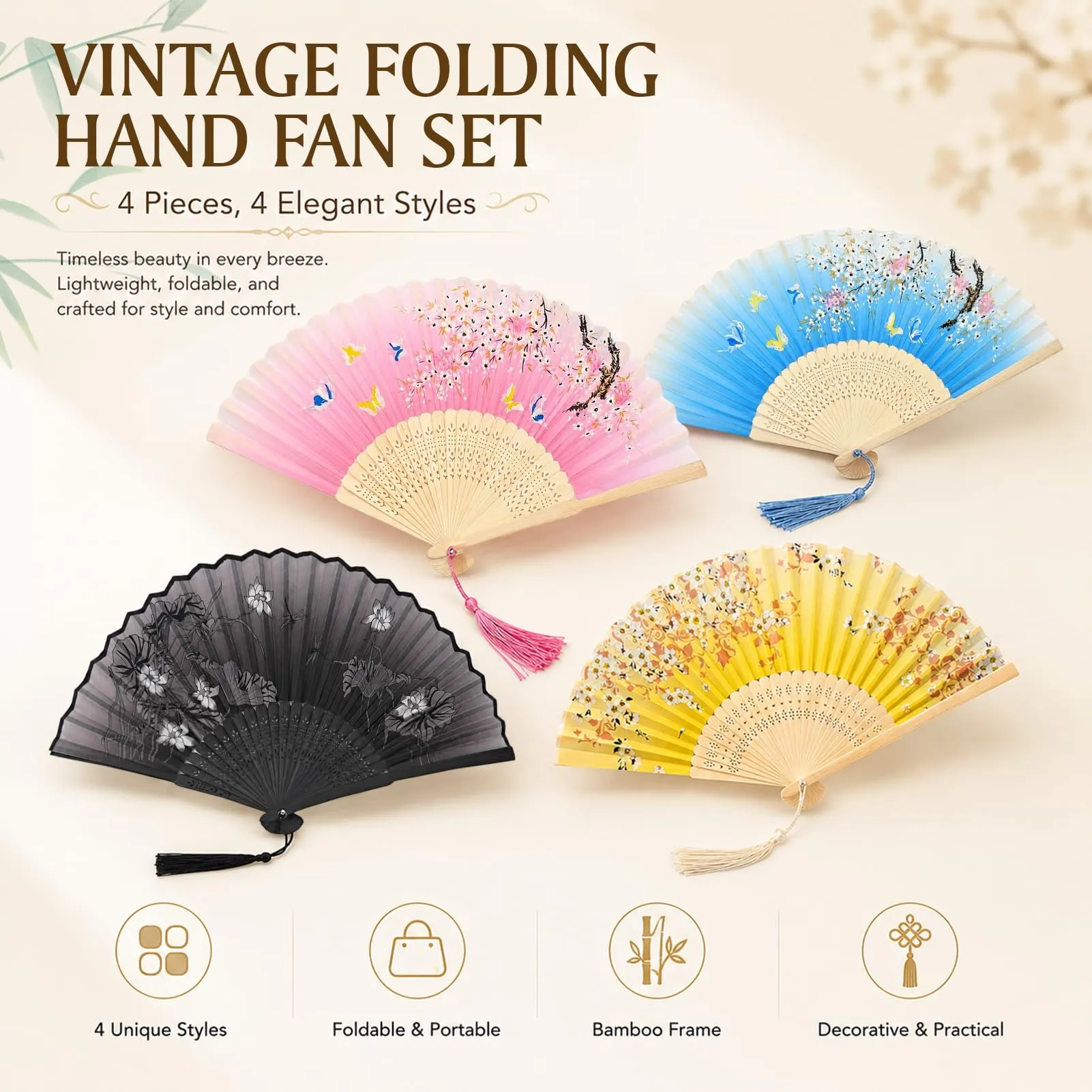 Ourdort Folding Hand Fans, 4 Pieces - immagine 2