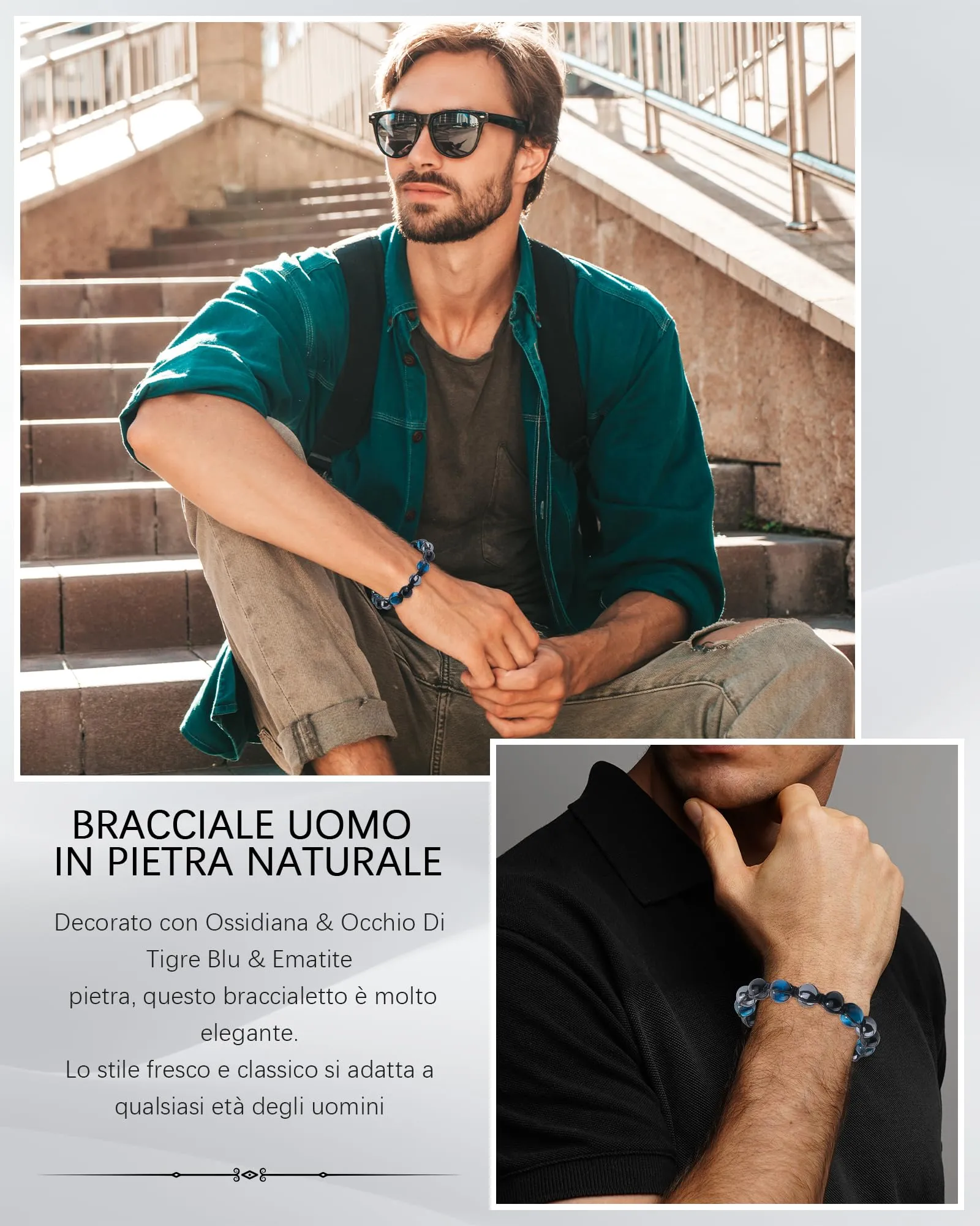 VGWON Bracciale in Pietra Naturale Ematite, Occhio di Tigre e Ossidiana per Uomo - immagine 2