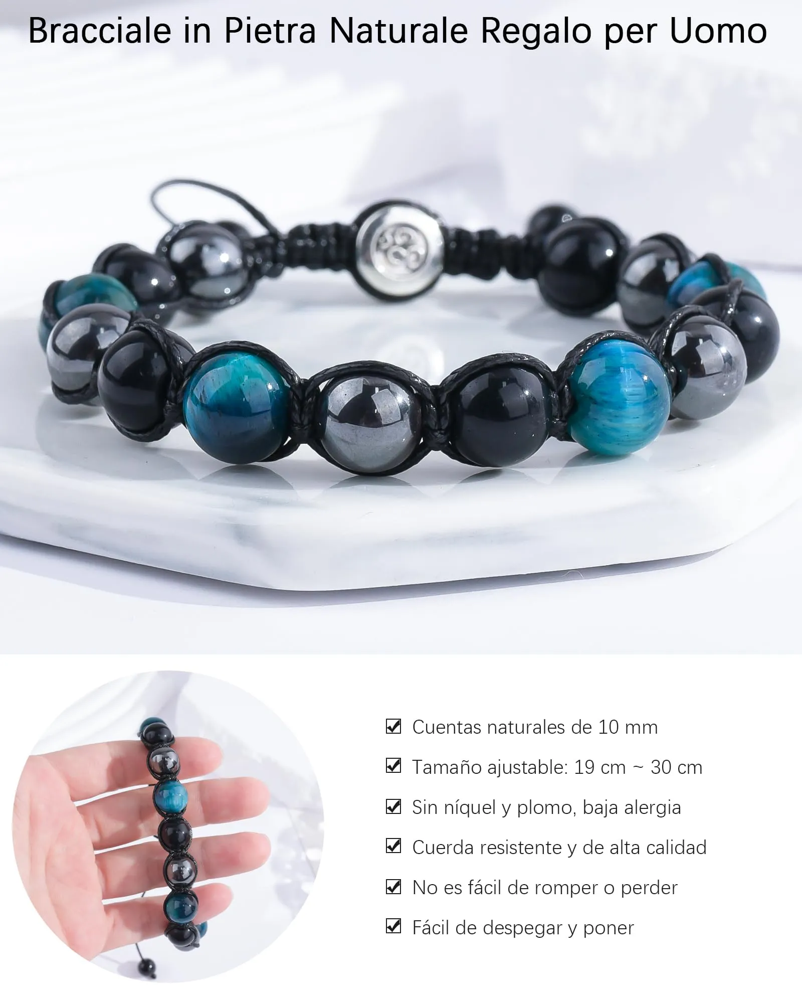 VGWON Bracciale in Pietra Naturale Ematite, Occhio di Tigre e Ossidiana per Uomo - immagine 3