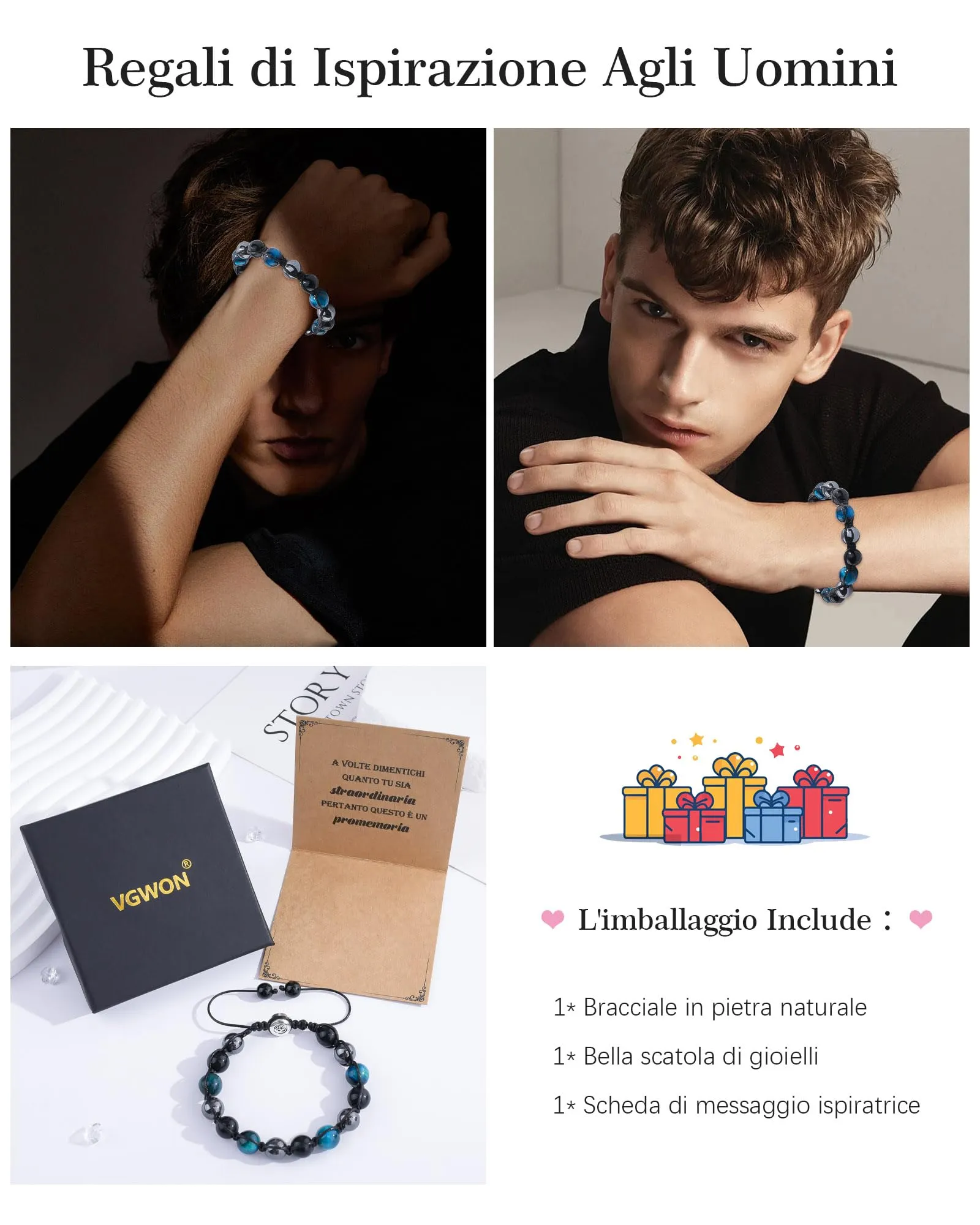 VGWON Bracciale in Pietra Naturale Ematite, Occhio di Tigre e Ossidiana per Uomo - immagine 5