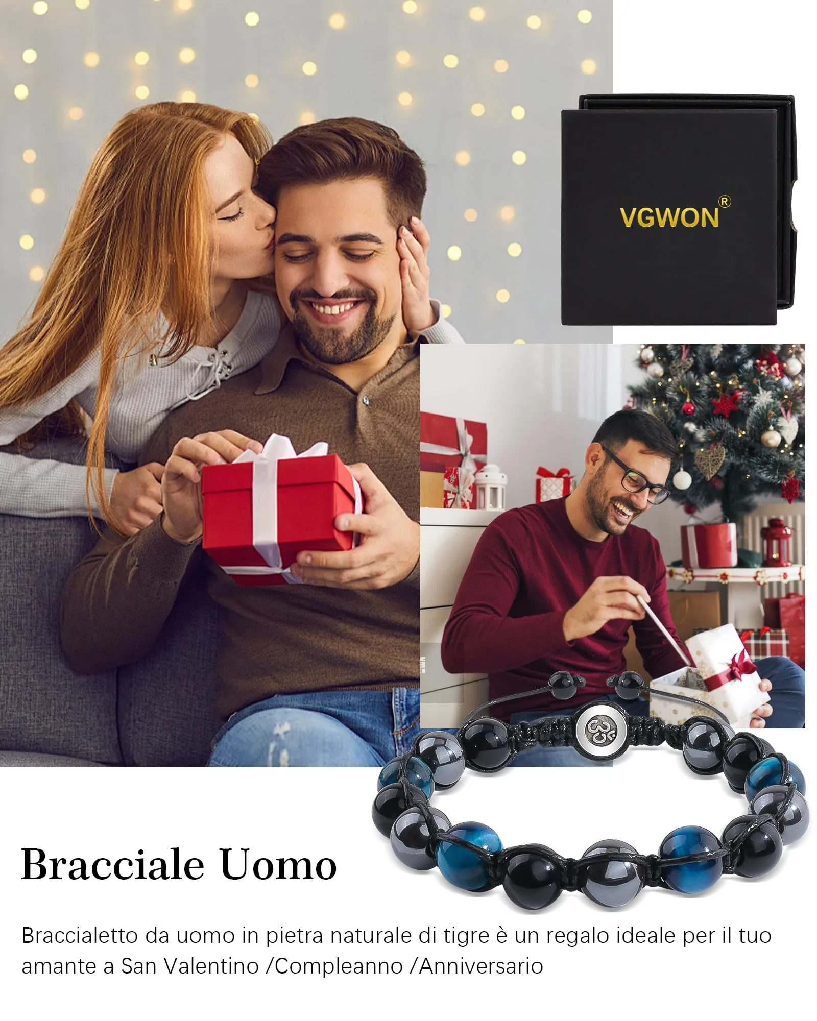 VGWON Bracciale in Pietra Naturale Ematite, Occhio di Tigre e Ossidiana per Uomo - immagine 6