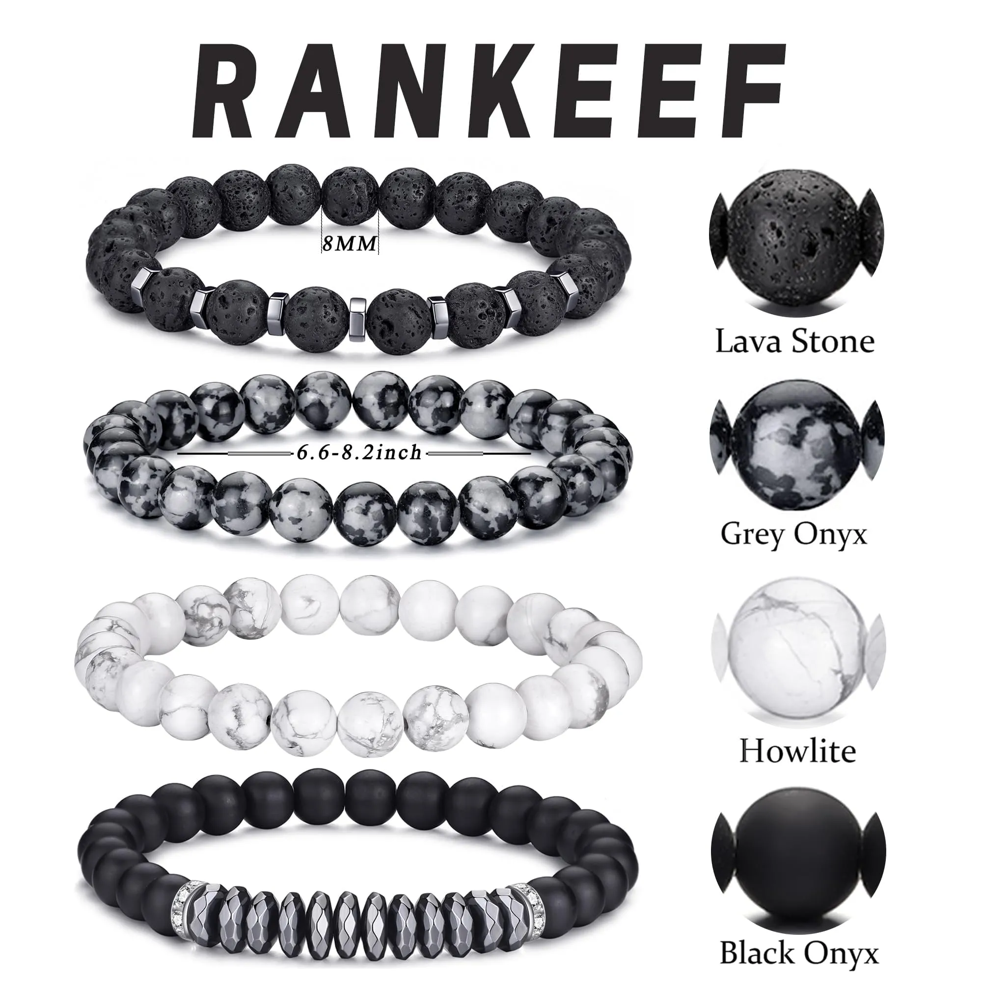 RANKEEF Set di Bracciali con Perline in Occhio di Tigre, Agata Nera e Roccia Lavica per Uomo e Donna - immagine 3