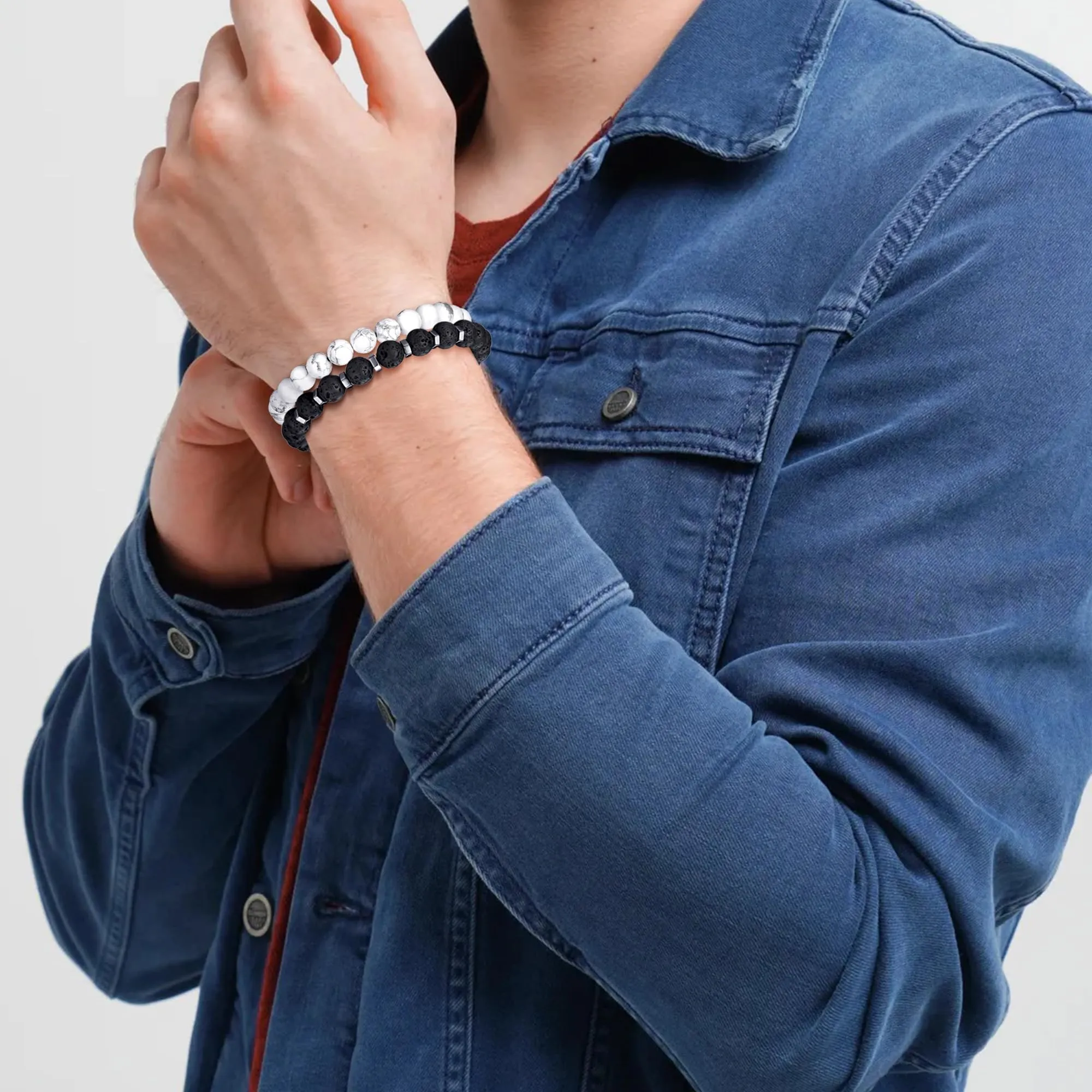 RANKEEF Set di Bracciali con Perline in Occhio di Tigre, Agata Nera e Roccia Lavica per Uomo e Donna - immagine 4