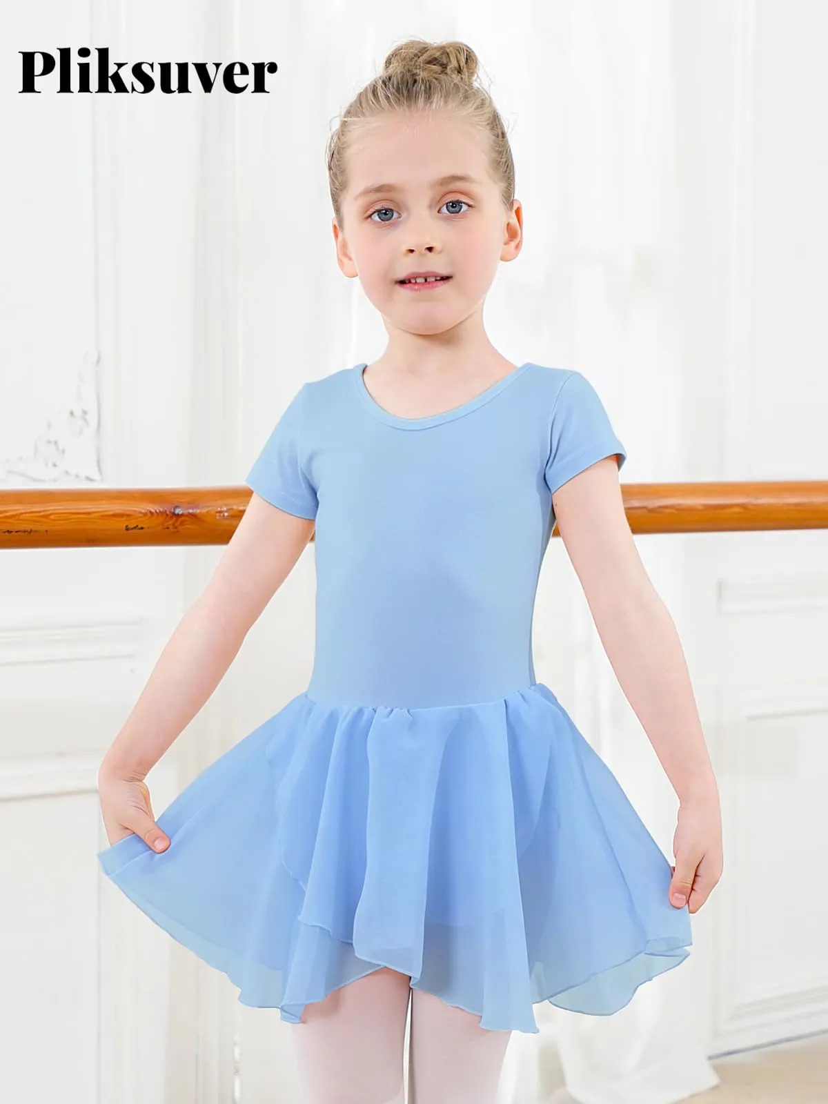 PLIKSUVER Abito da danza da bambina in cotone e chiffon, Blu, 110 - immagine 2