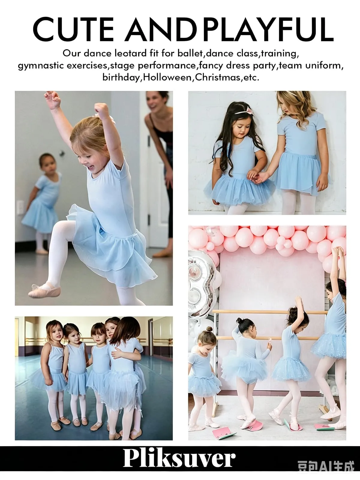 PLIKSUVER Abito da danza da bambina in cotone e chiffon, Blu, 110 - immagine 6