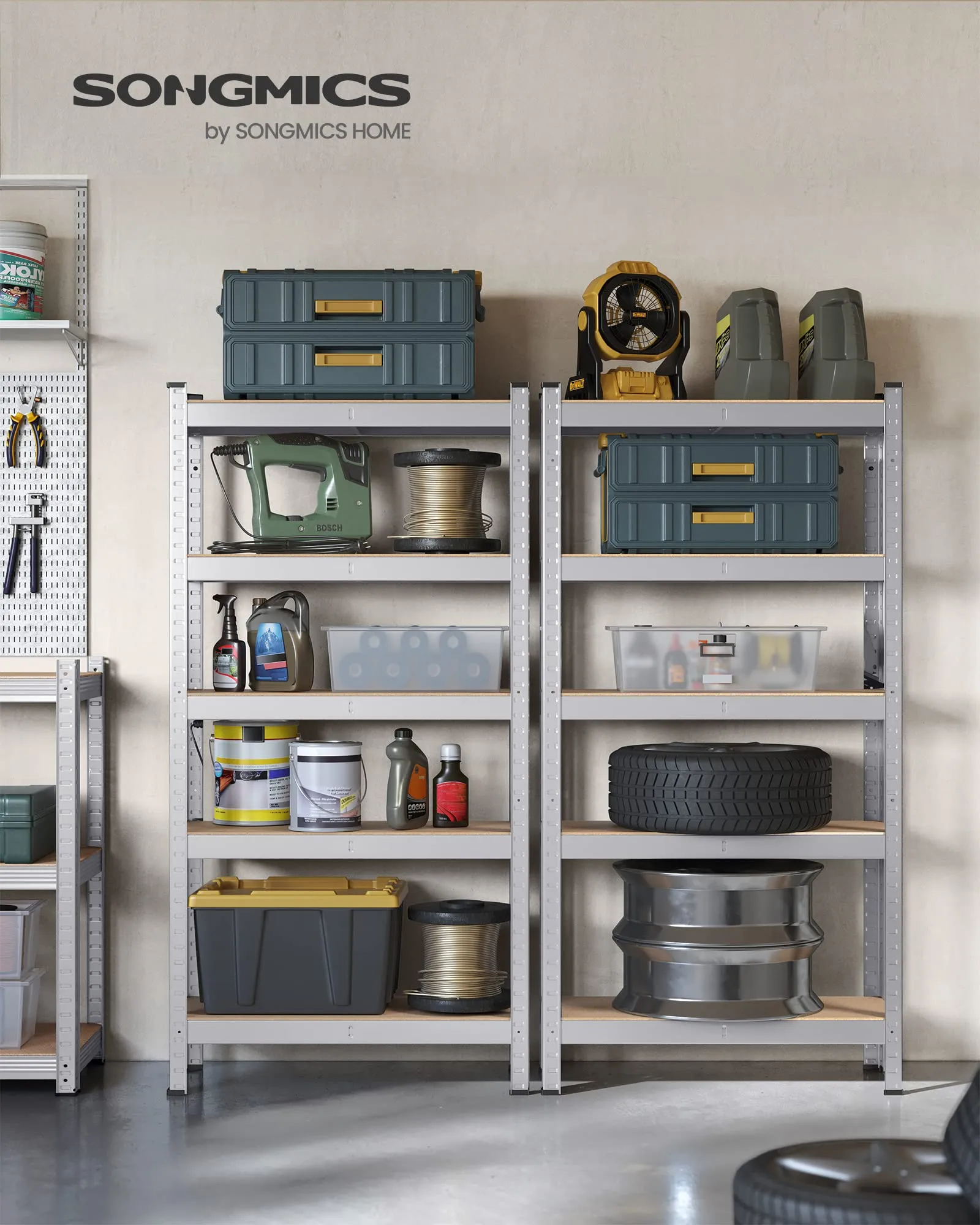 SONGMICS Set di 2 Scaffali in Metallo a 5 Ripiani Regolabili, 30 x 75 x 150 cm, Argento GLR030E02 - immagine 2