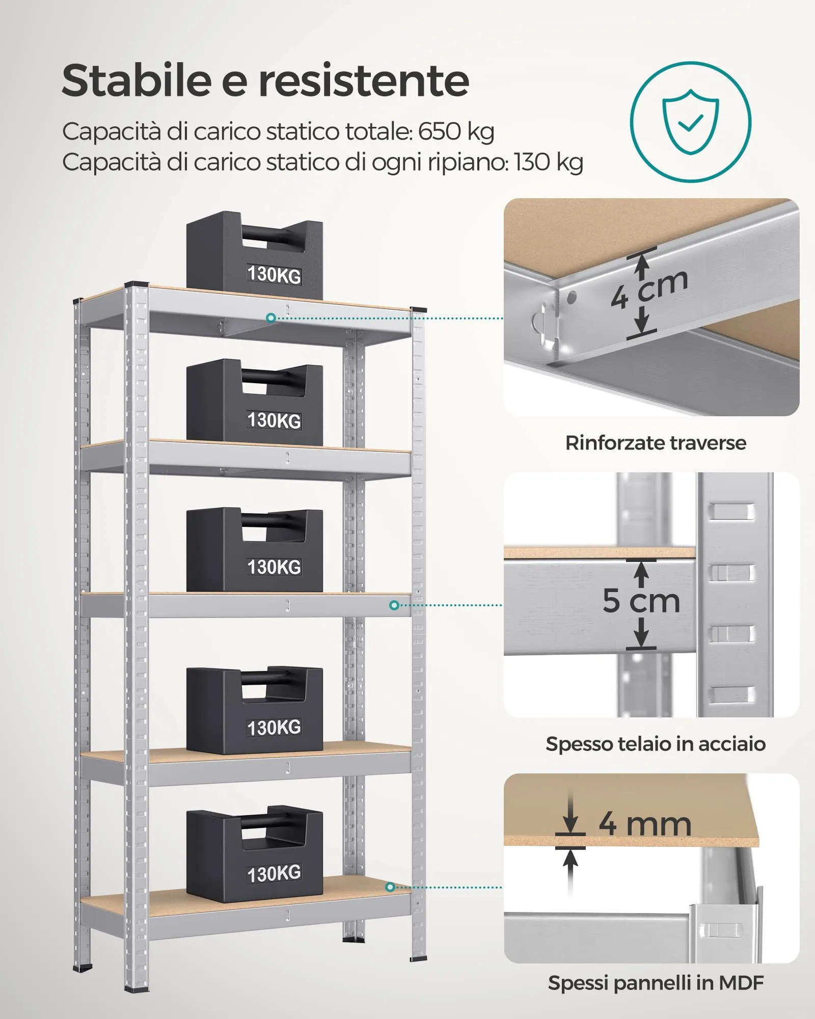 SONGMICS Set di 2 Scaffali in Metallo a 5 Ripiani Regolabili, 30 x 75 x 150 cm, Argento GLR030E02 - immagine 4