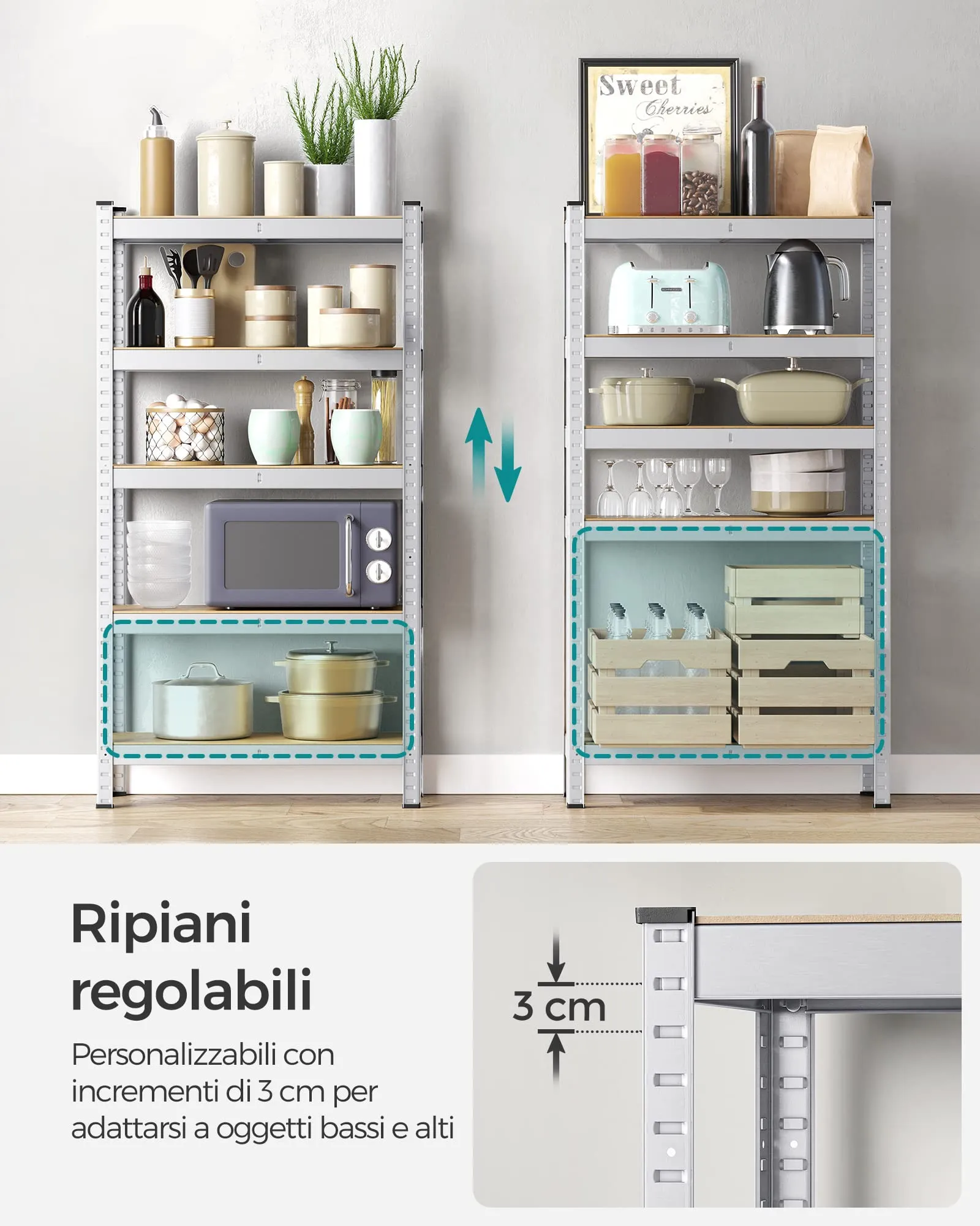 SONGMICS Set di 2 Scaffali in Metallo a 5 Ripiani Regolabili, 30 x 75 x 150 cm, Argento GLR030E02 - immagine 5