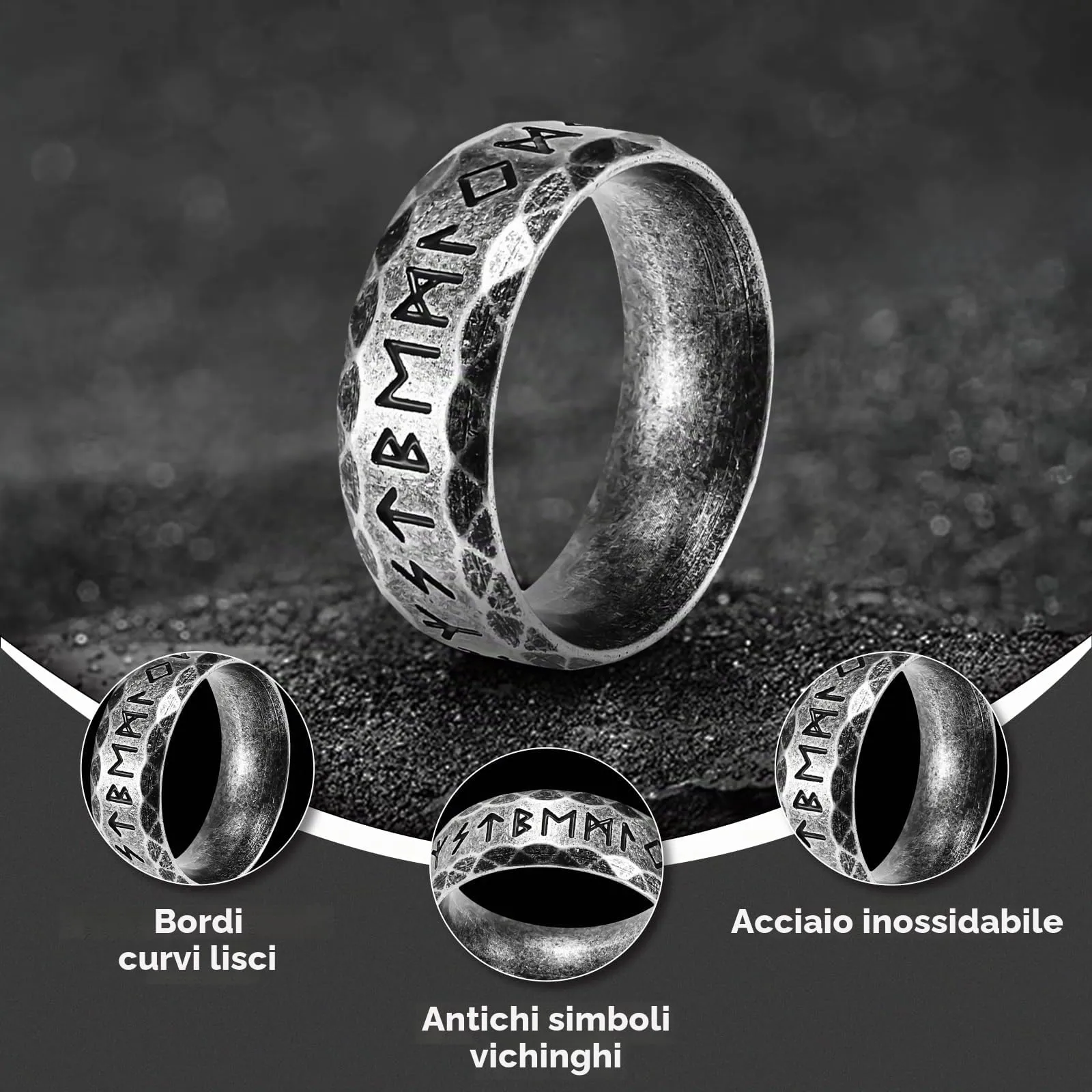 MERTTURM Anello Uomo in Acciaio Inossidabile con Rune Vichinghe, Argento Satinato - immagine 4