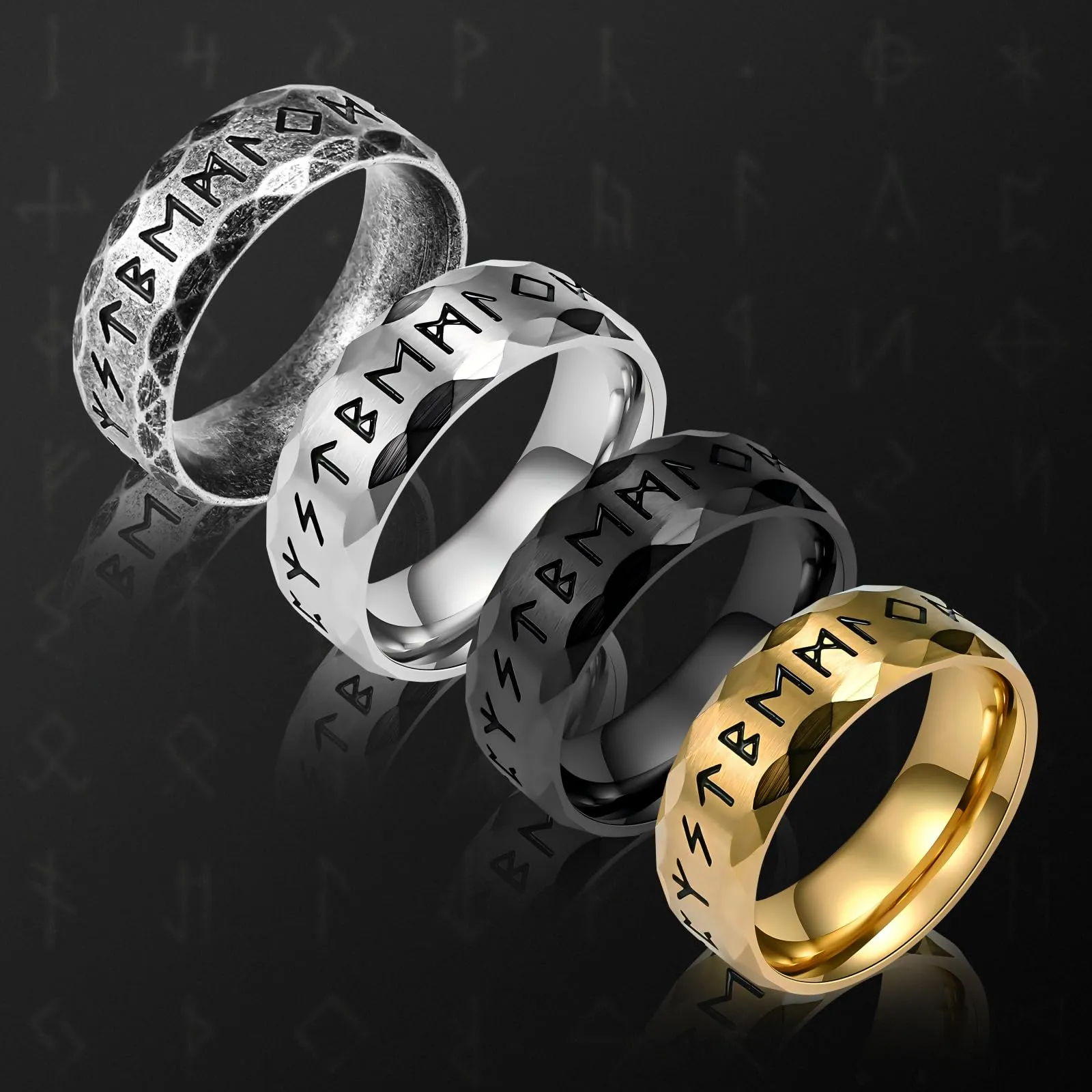 MERTTURM Anello Uomo in Acciaio Inossidabile con Rune Vichinghe, Argento - immagine 3