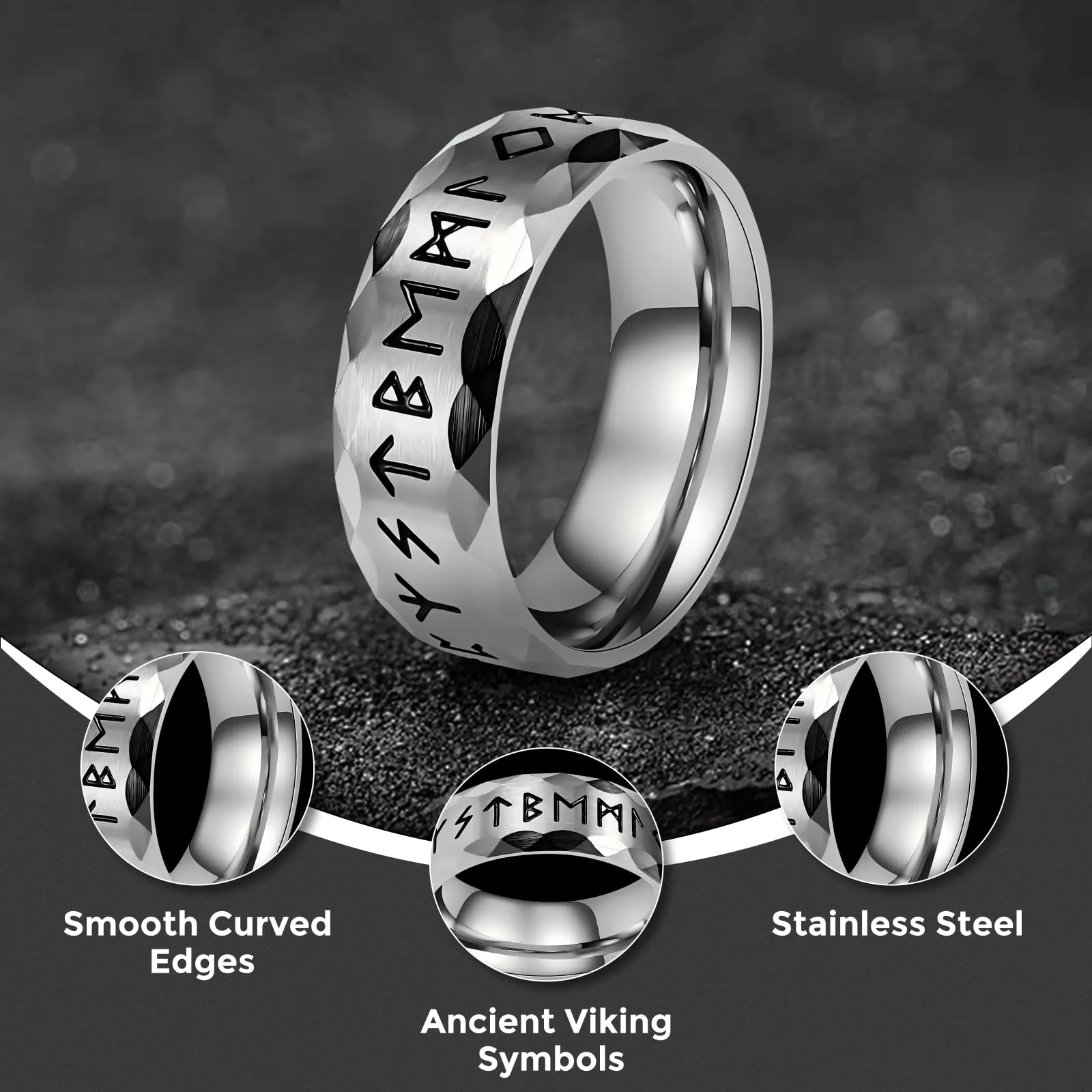 MERTTURM Anello Uomo in Acciaio Inossidabile con Rune Vichinghe, Argento - immagine 4