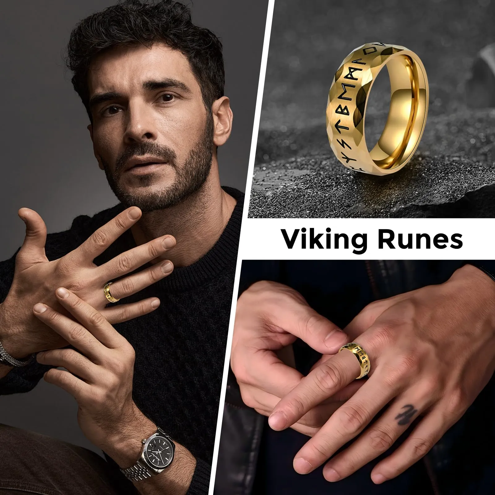 MERTTURM Anello Uomo in Acciaio Inossidabile con Rune Vichinghe, Oro - immagine 2