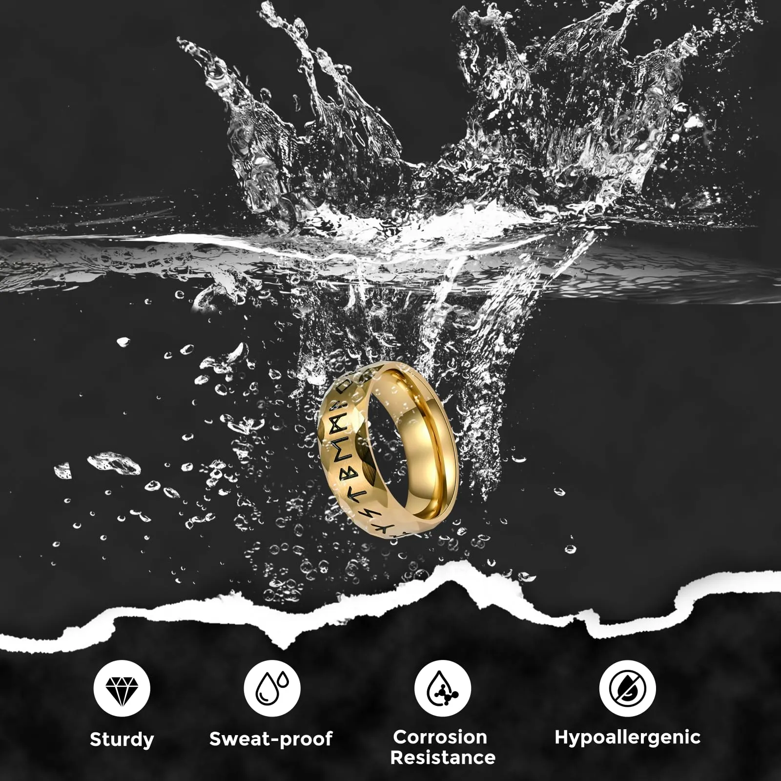 MERTTURM Anello Uomo in Acciaio Inossidabile con Rune Vichinghe, Oro - immagine 5