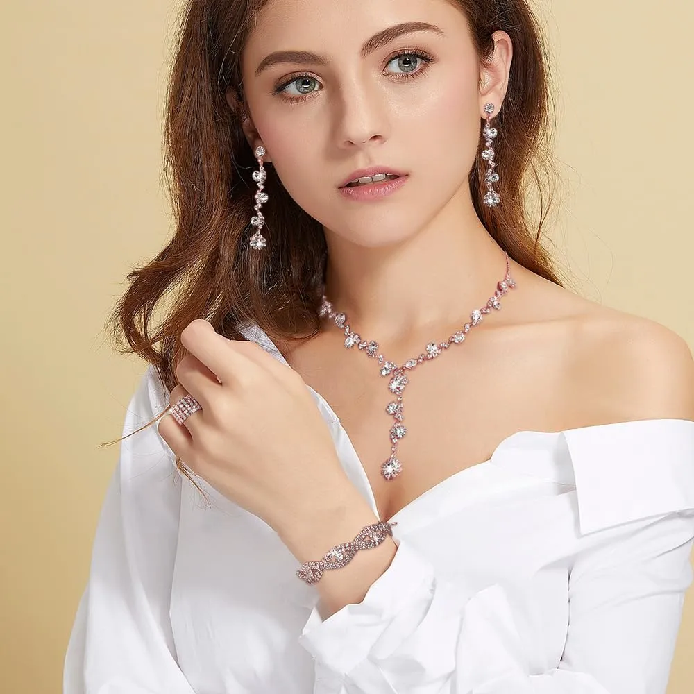 XFSRG Set Gioielli Donna con Collana, Orecchini, Bracciale e Anello in Cristalli, Oro rosa, 4 pezzi - immagine 8