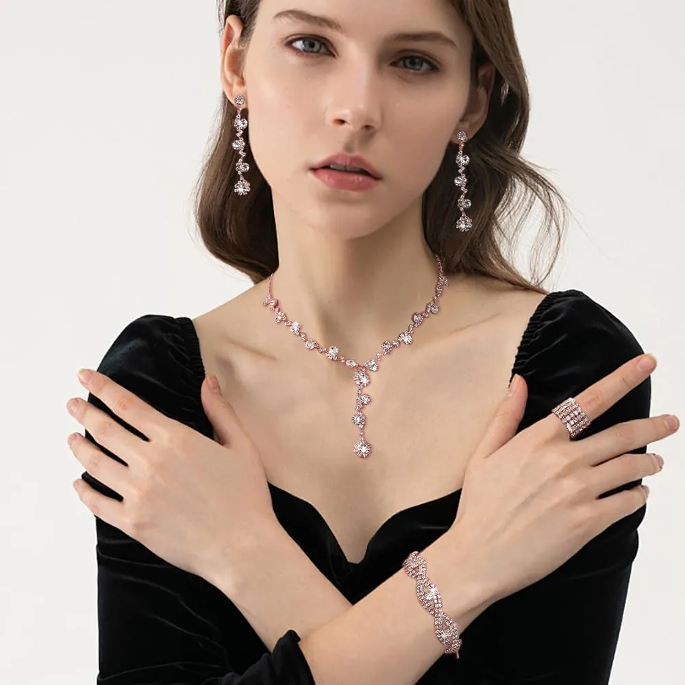 XFSRG Set Gioielli Donna con Collana, Orecchini, Bracciale e Anello in Cristalli, Oro rosa, 4 pezzi - immagine 9
