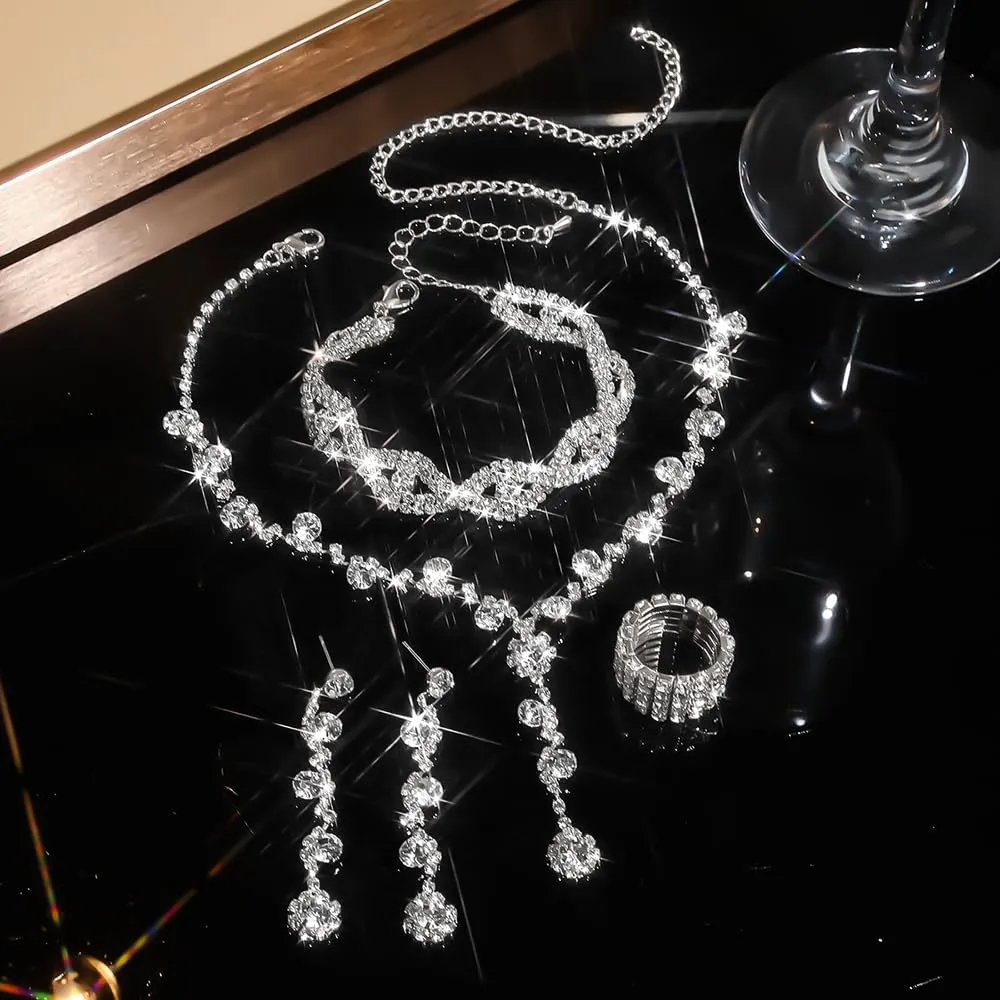 XFSRG Set Gioielli Donna con Cristalli, Collana, Orecchini, Bracciale e Anello (Argento, 4 pezzi) - immagine 4