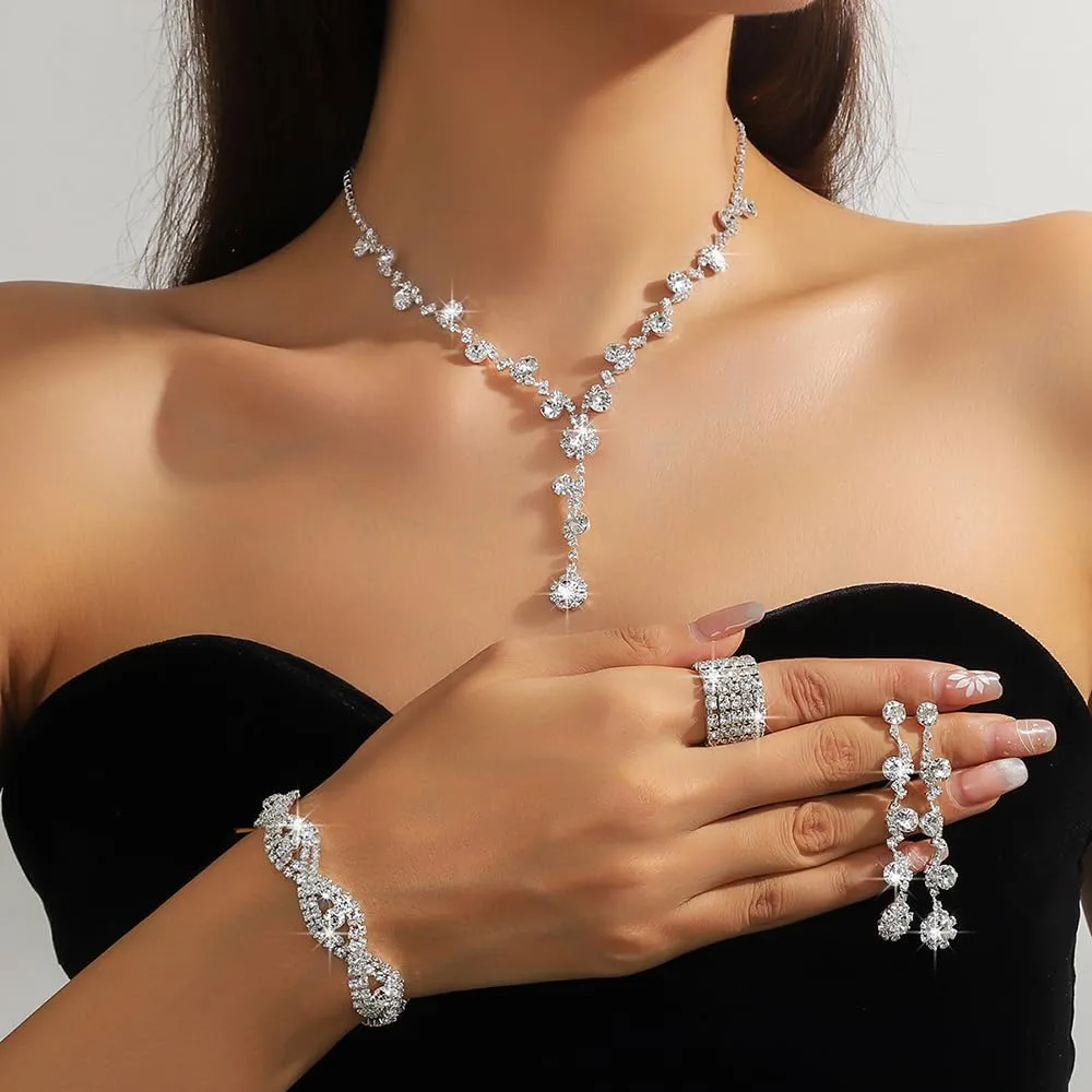 XFSRG Set Gioielli Donna con Cristalli, Collana, Orecchini, Bracciale e Anello (Argento, 4 pezzi) - immagine 5