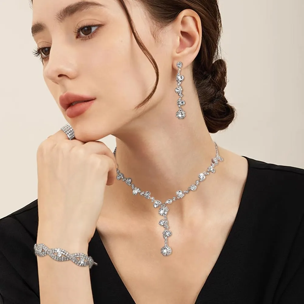 XFSRG Set Gioielli Donna con Cristalli, Collana, Orecchini, Bracciale e Anello (Argento, 4 pezzi) - immagine 7