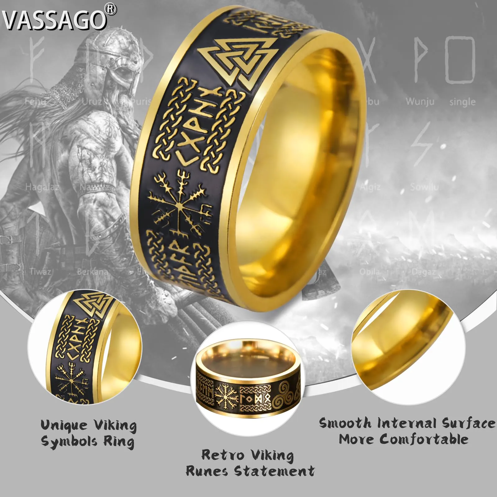 VASSAGO Anello Vichinghi Rune Norrene Mjolnir Vegvisir Triskele Valknut Elmo di Soggezione Nodo Celtico Triquetra, Misura 7-12 - immagine 3