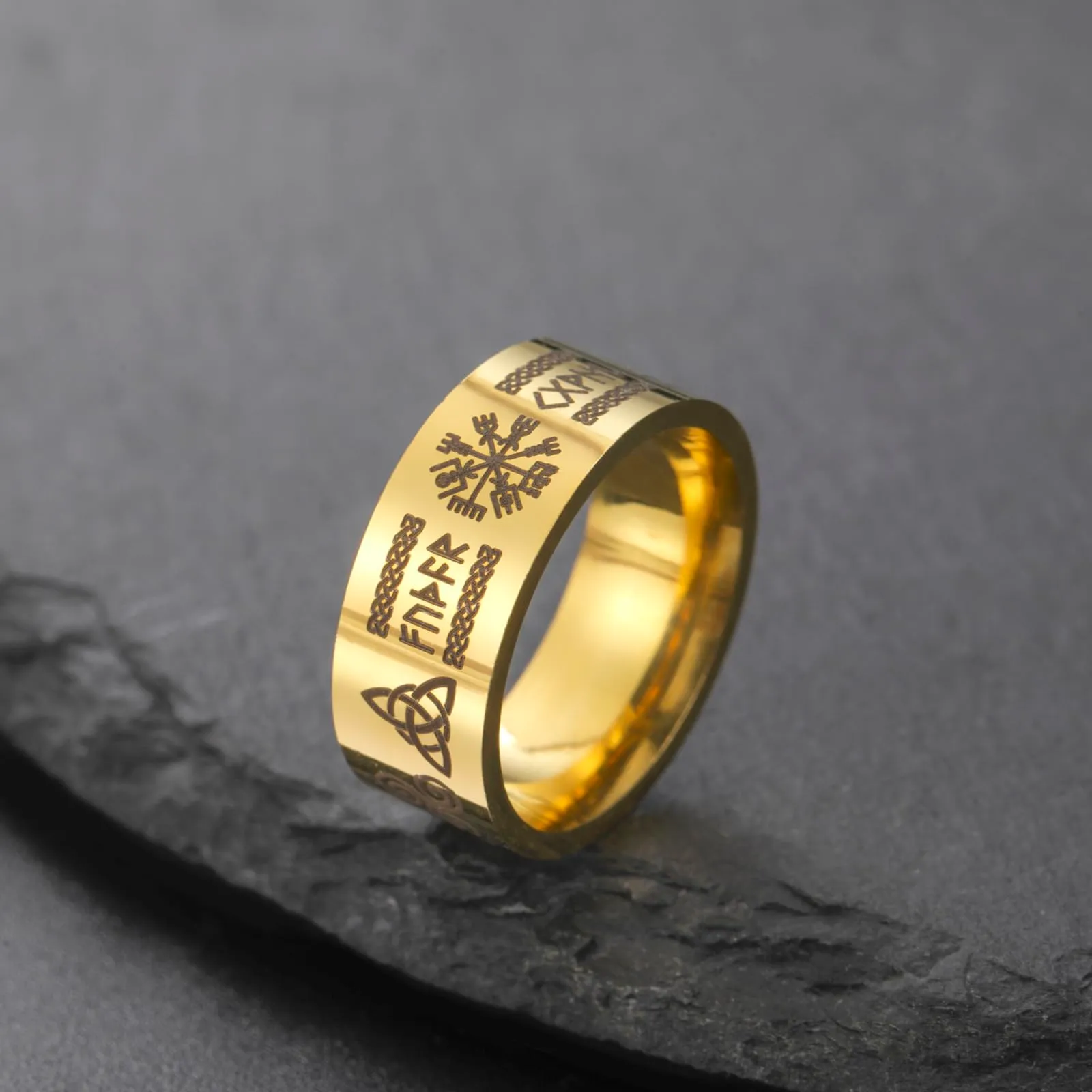 VASSAGO Anello Vichinghi Rune Norrene Mjolnir Vegvisir Bussola Triskele Valknut Elmo di Soggezione Nodo Celtico Triquetra, Misura 7-12 - immagine 5