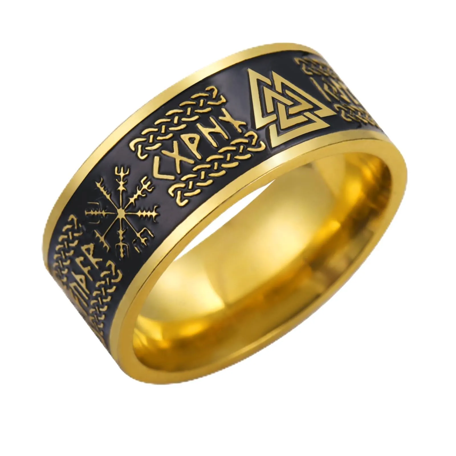 VASSAGO Anello Vichinghi Rune Norrene Mjolnir Vegvisir Bussola Triskele Valknut Elmo di Soggezione Nodo Celtico Triquetra, Misura 7-12 - immagine 1
