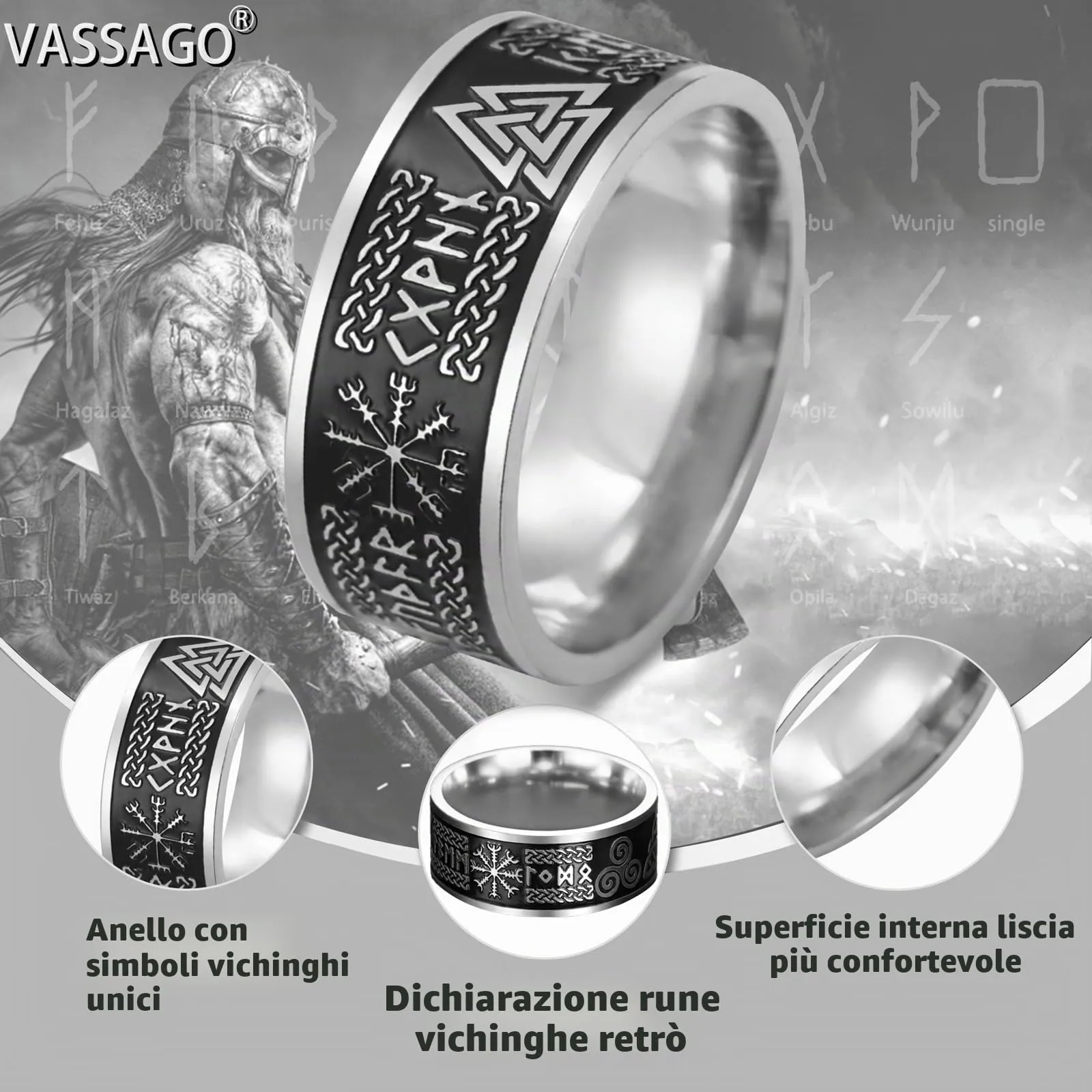 VASSAGO Anello Vichinghi Rune Norrene Mjolnir Vegvisir Bussola Triskele Valknut Elmo di Soggezione Nodo Celtico Triquetra, Misura 7-12 - immagine 3