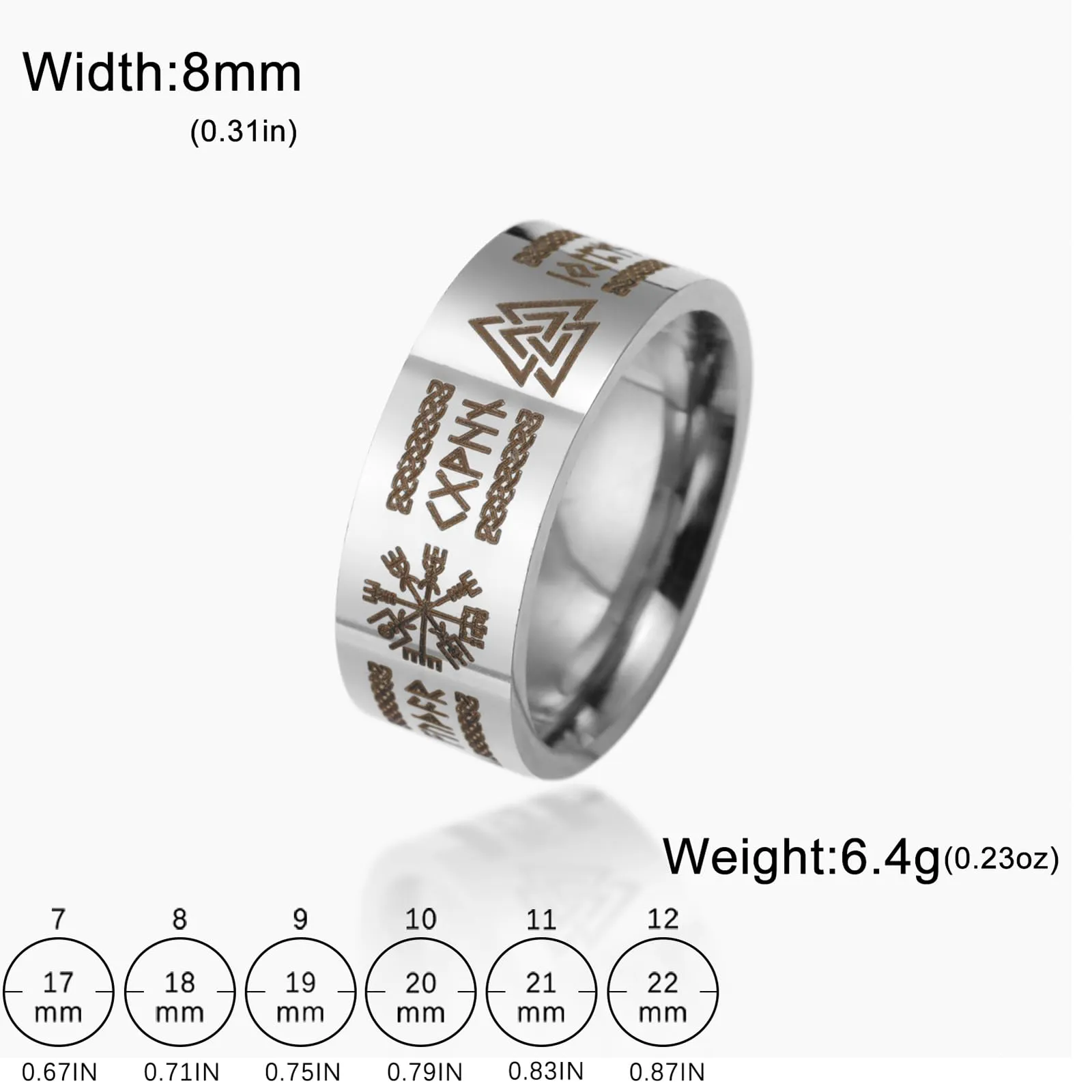 VASSAGO Anello Vichinghi con Rune Norrene Mjolnir Vegvisir Bussola Triskele Valknut Elmo di Soggezione Nodo Celtico Triquetra, Misura 7-12 - immagine 6