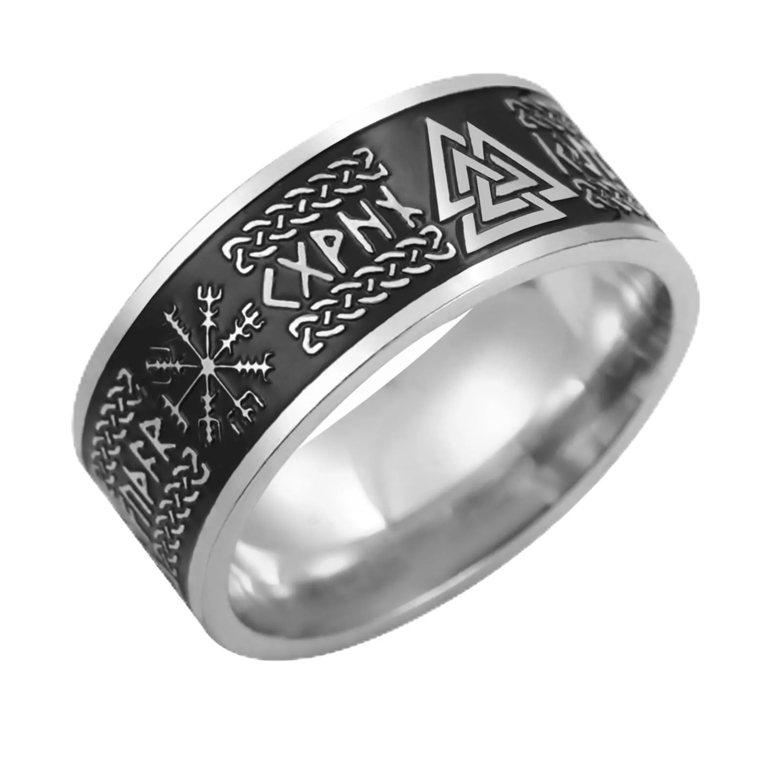 VASSAGO Anello Vichinghi con Rune Norrene, Mjolnir, Vegvisir, Triskele, Valknut, Elmo di Soggezione, Nodo Celtico e Triquetra, Misura 7-12 - immagine 1