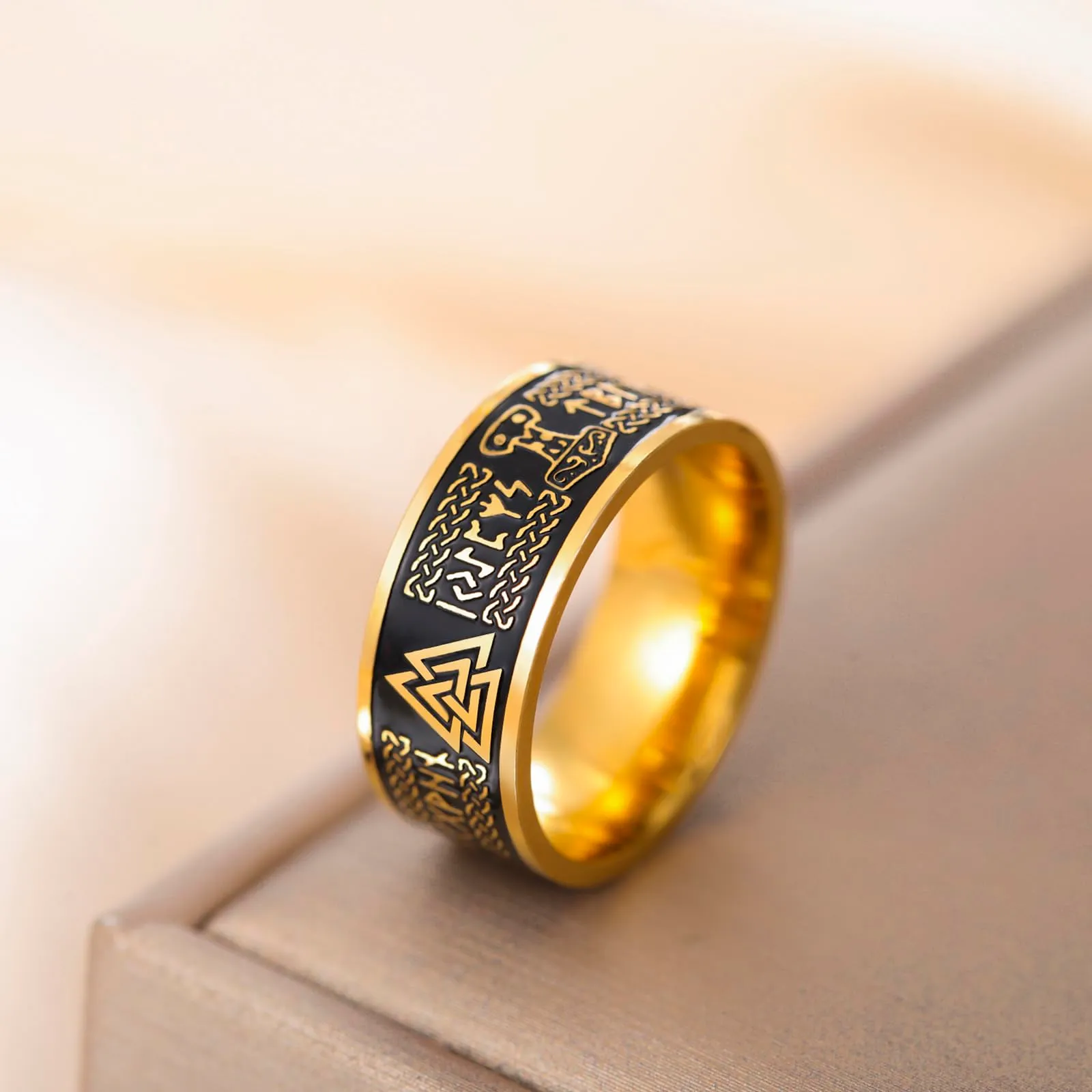 VASSAGO Anello Vichinghi Rune Norrene Mjolnir Vegvisir Bussola Triskele Valknut Elmo di Soggezione Nodo Celtico Triquetra Misura 7-12 - immagine 5