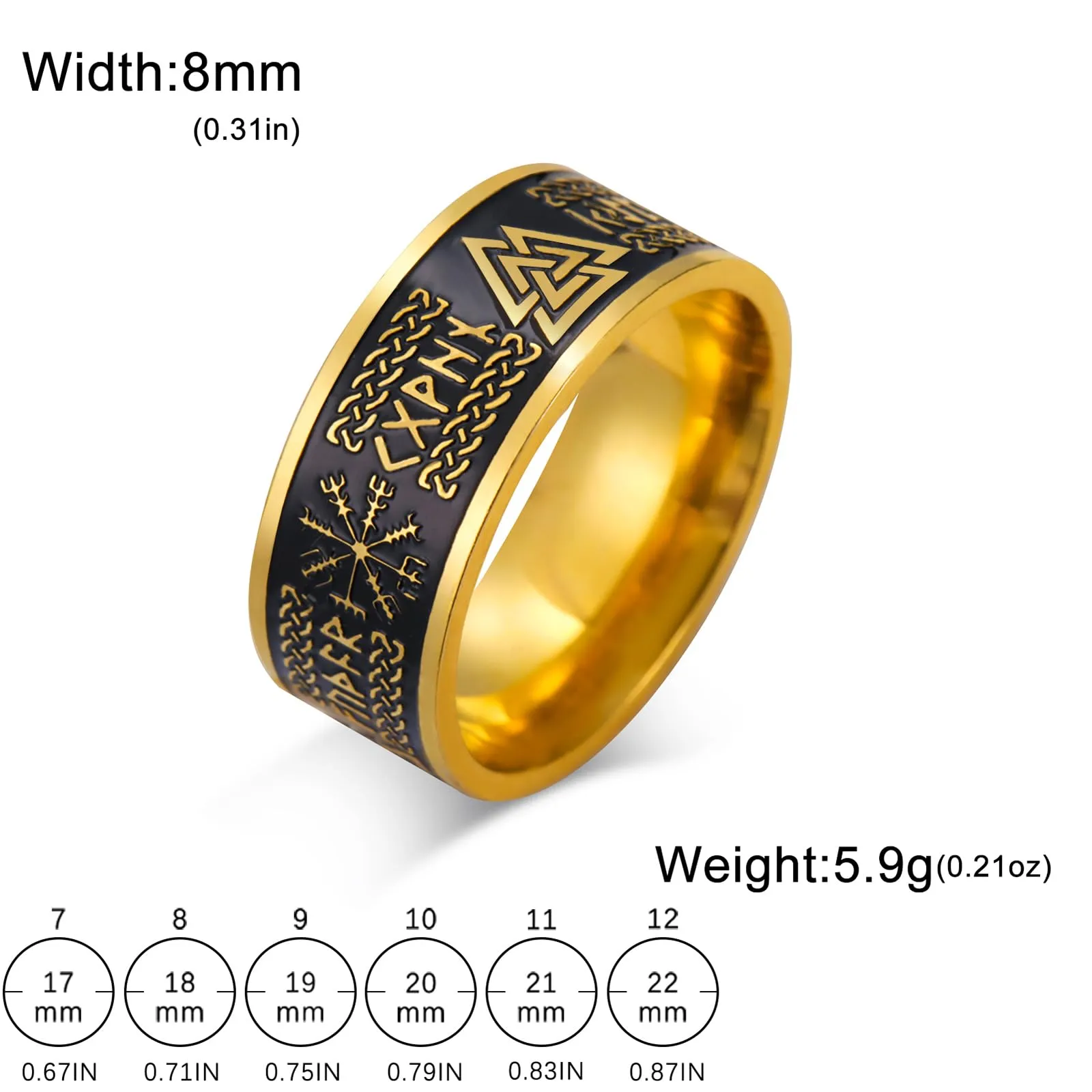 VASSAGO Anello Vichinghi Rune Norrene Mjolnir Vegvisir Bussola Triskele Valknut Elmo di Soggezione Nodo Celtico Triquetra Misura 7-12 - immagine 6