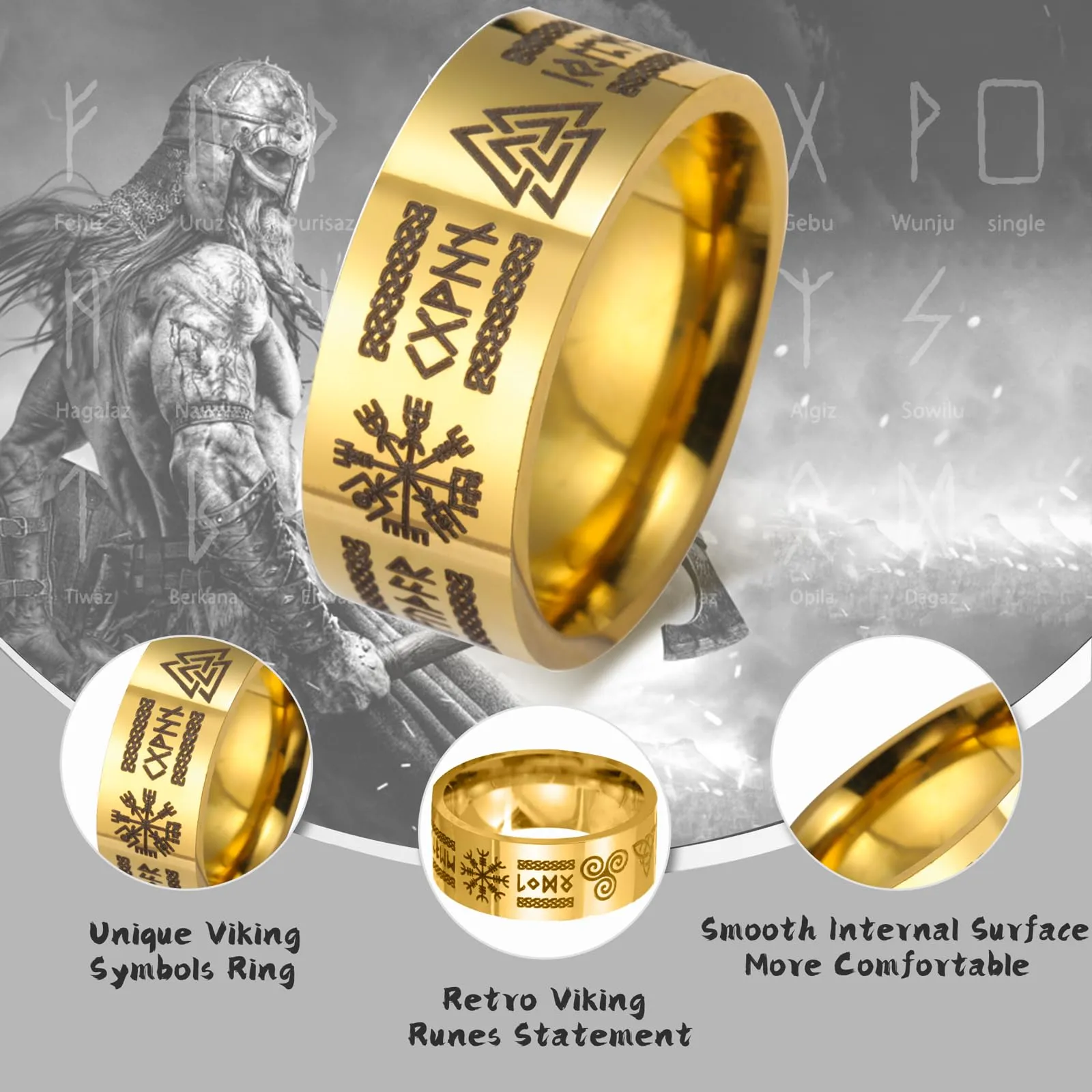 VASSAGO Anello Vichinghi con Rune Norrene, Mjolnir, Vegvisir, Triskele, Valknut, Elmo di Soggezione, Nodo Celtico e Triquetra, Misura 7-12 - immagine 3