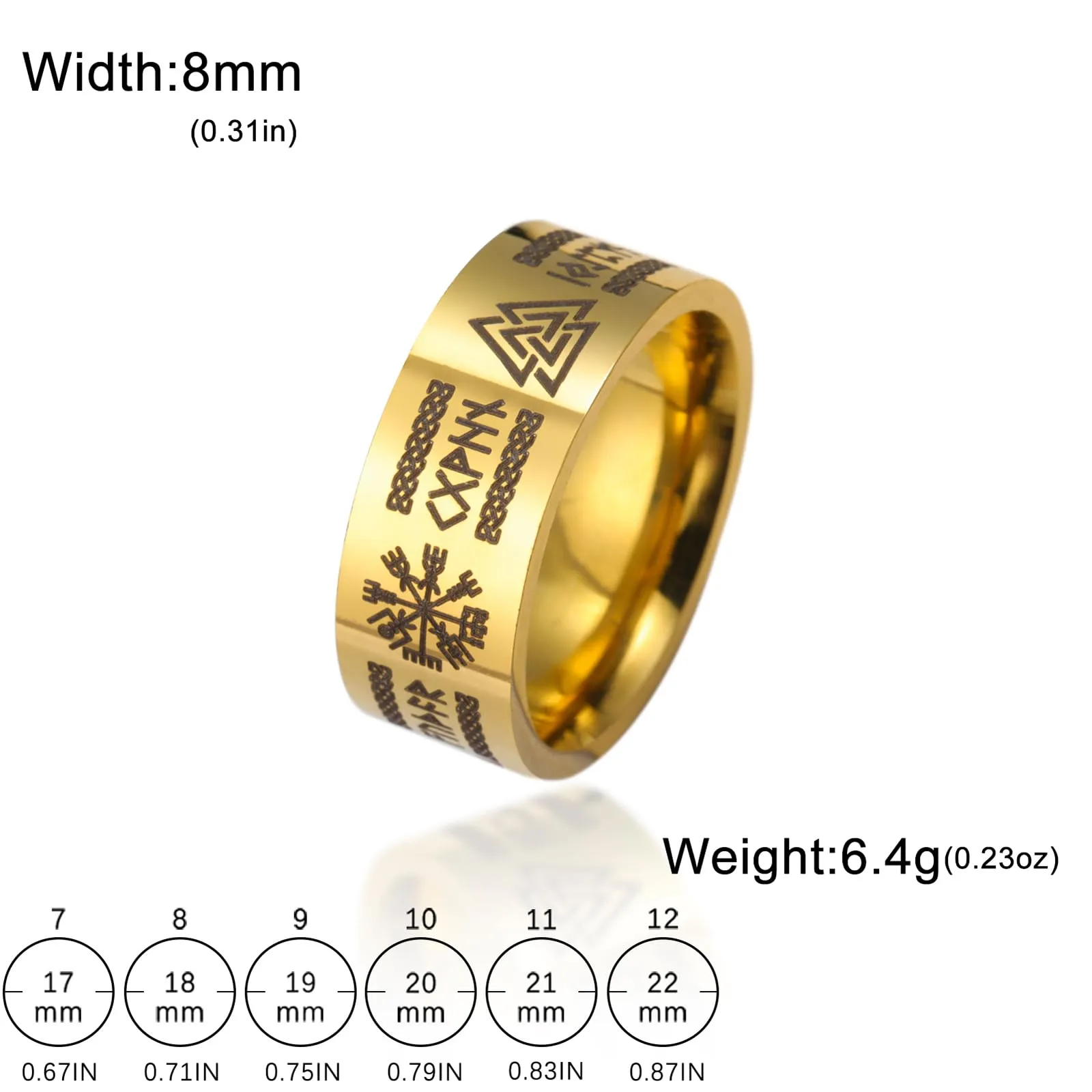 VASSAGO Anello Vichinghi con Rune Norrene, Mjolnir, Vegvisir, Triskele, Valknut, Elmo di Soggezione, Nodo Celtico e Triquetra, Misura 7-12 - immagine 6