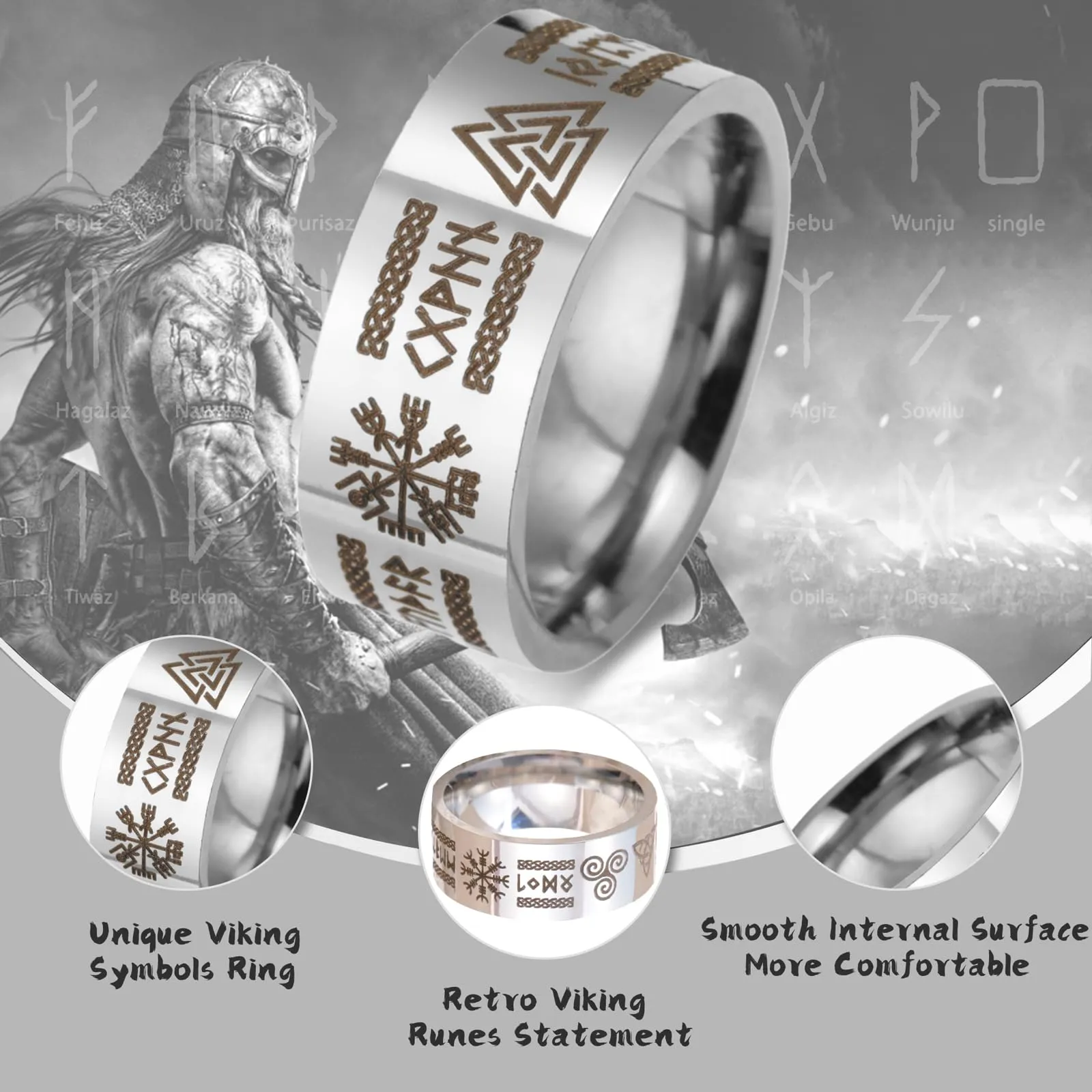 VASSAGO Anello Vichinghi con Rune Norrene, Mjolnir, Vegvisir, Triskele, Valknut, Elmo di Soggezione, Nodo Celtico e Triquetra, Misura 7-12 - immagine 3