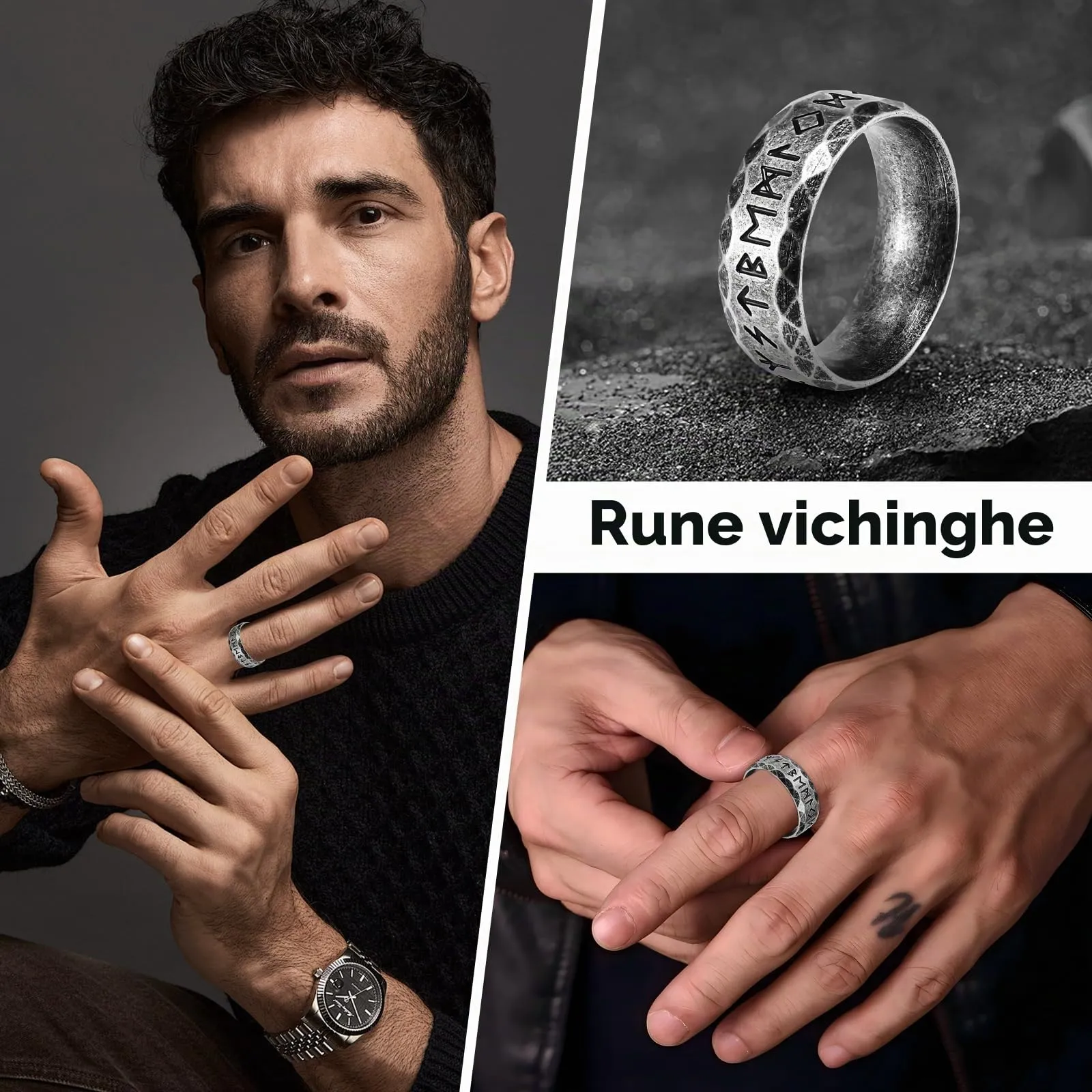 MERTTURM Anello Uomo in Acciaio Inossidabile con Rune Vichinghe, Argento Satinato - immagine 2