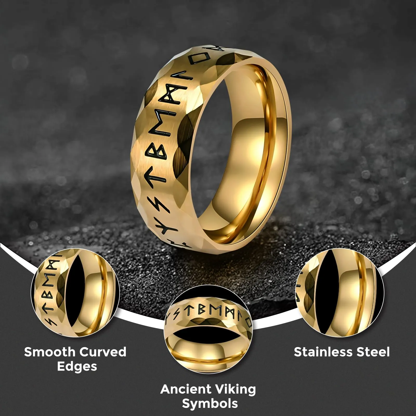 MERTTURM Anello Uomo in Acciaio Inossidabile con Rune Vichinghe, Nero - immagine 4