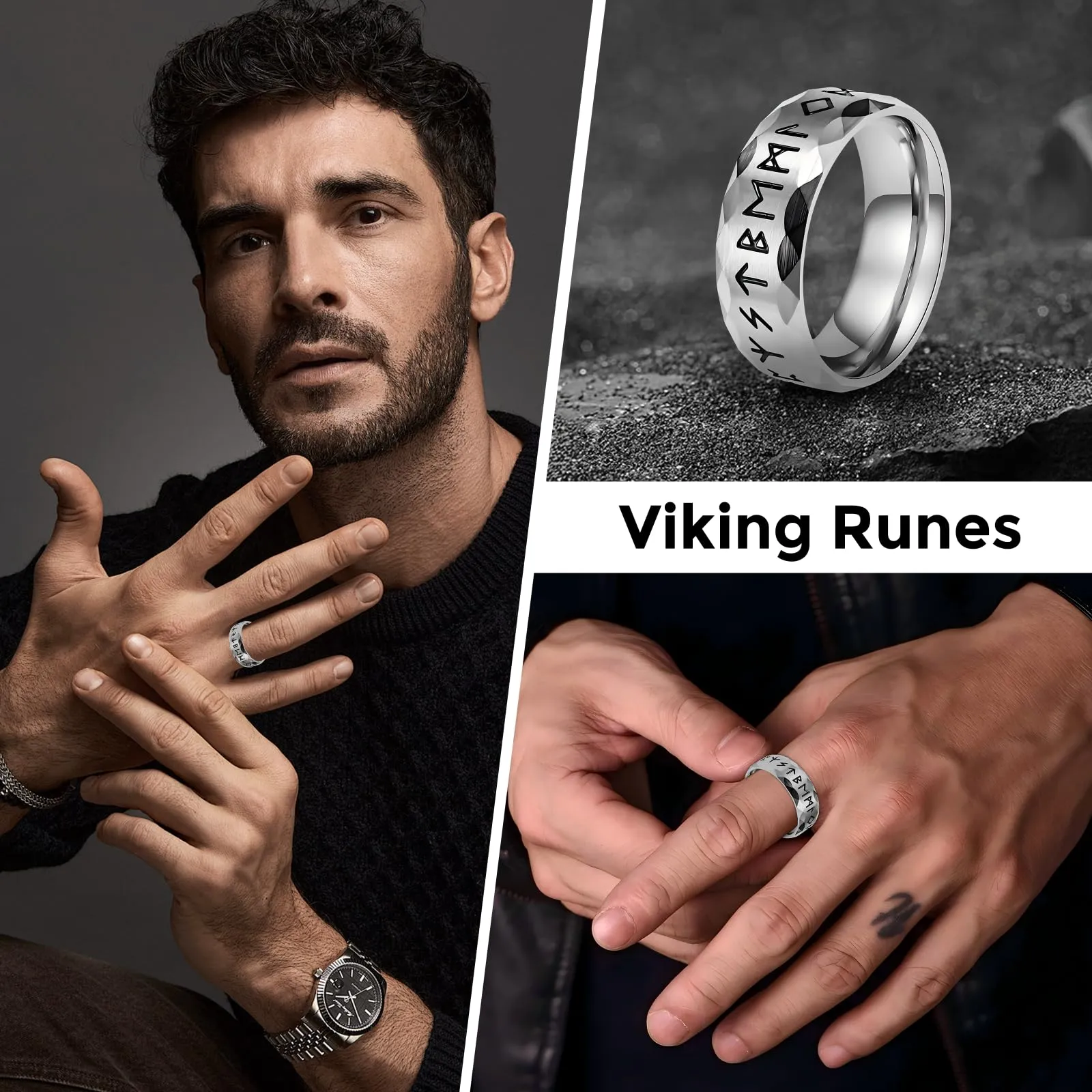 MERTTURM Anello Uomo in Acciaio Inossidabile con Rune Vichinghe, Argento - immagine 2