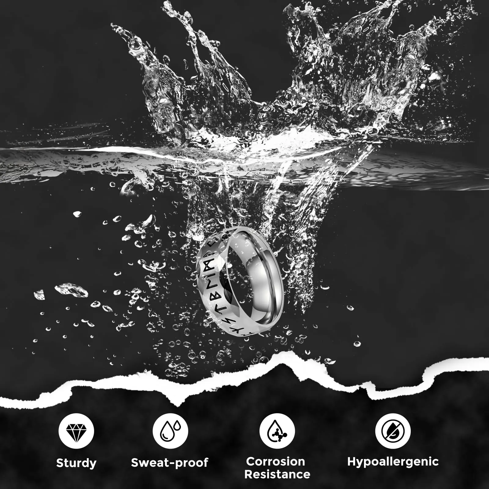 MERTTURM Anello Uomo in Acciaio Inossidabile con Rune Vichinghe, Argento - immagine 5